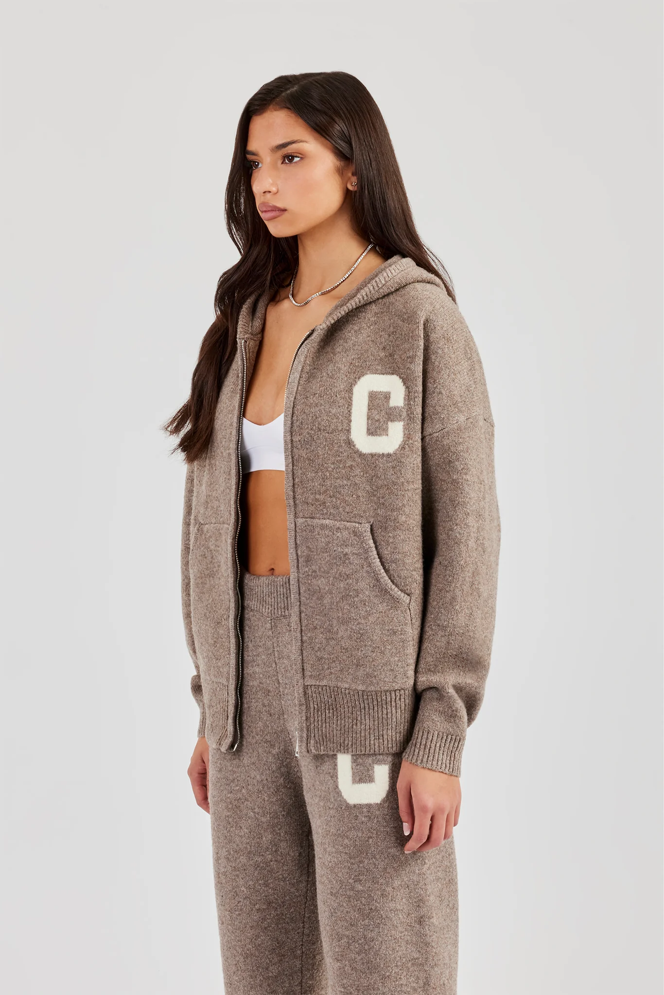 Hooded Zip Through Knitted Jumper - Taupe - Image 7