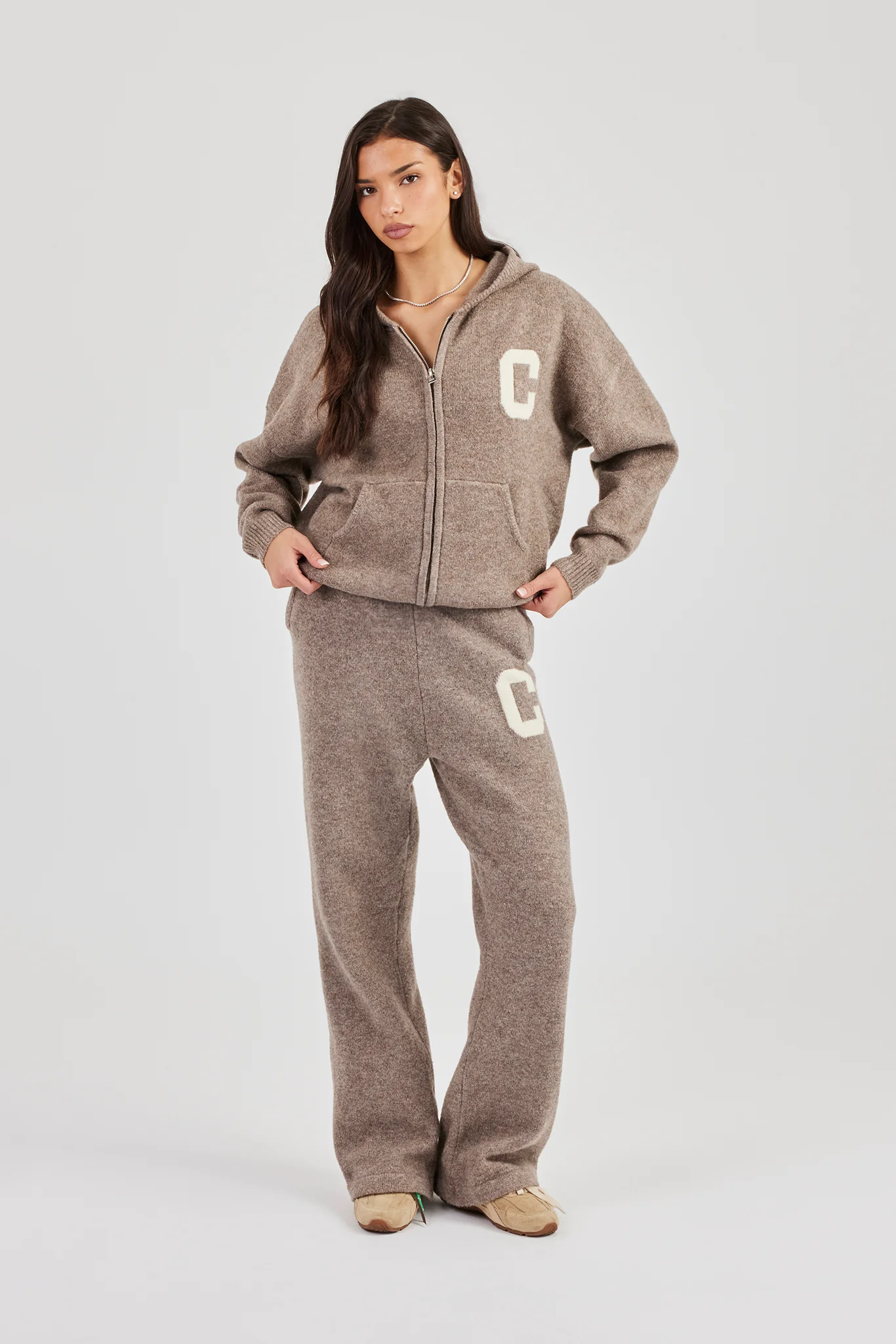 Hooded Zip Through Knitted Jumper - Taupe - Image 9