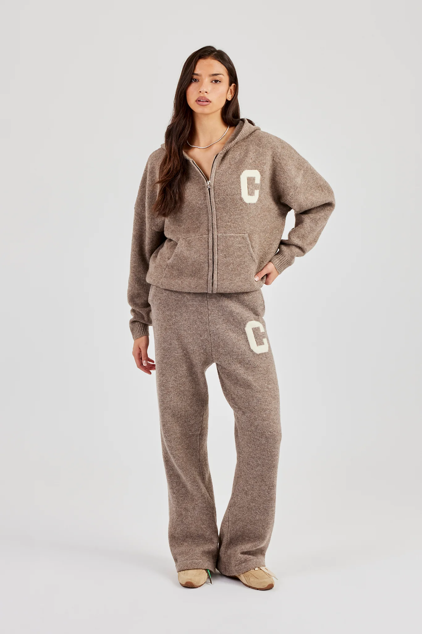Hooded Zip Through Knitted Tracksuit - Taupe - Image 2