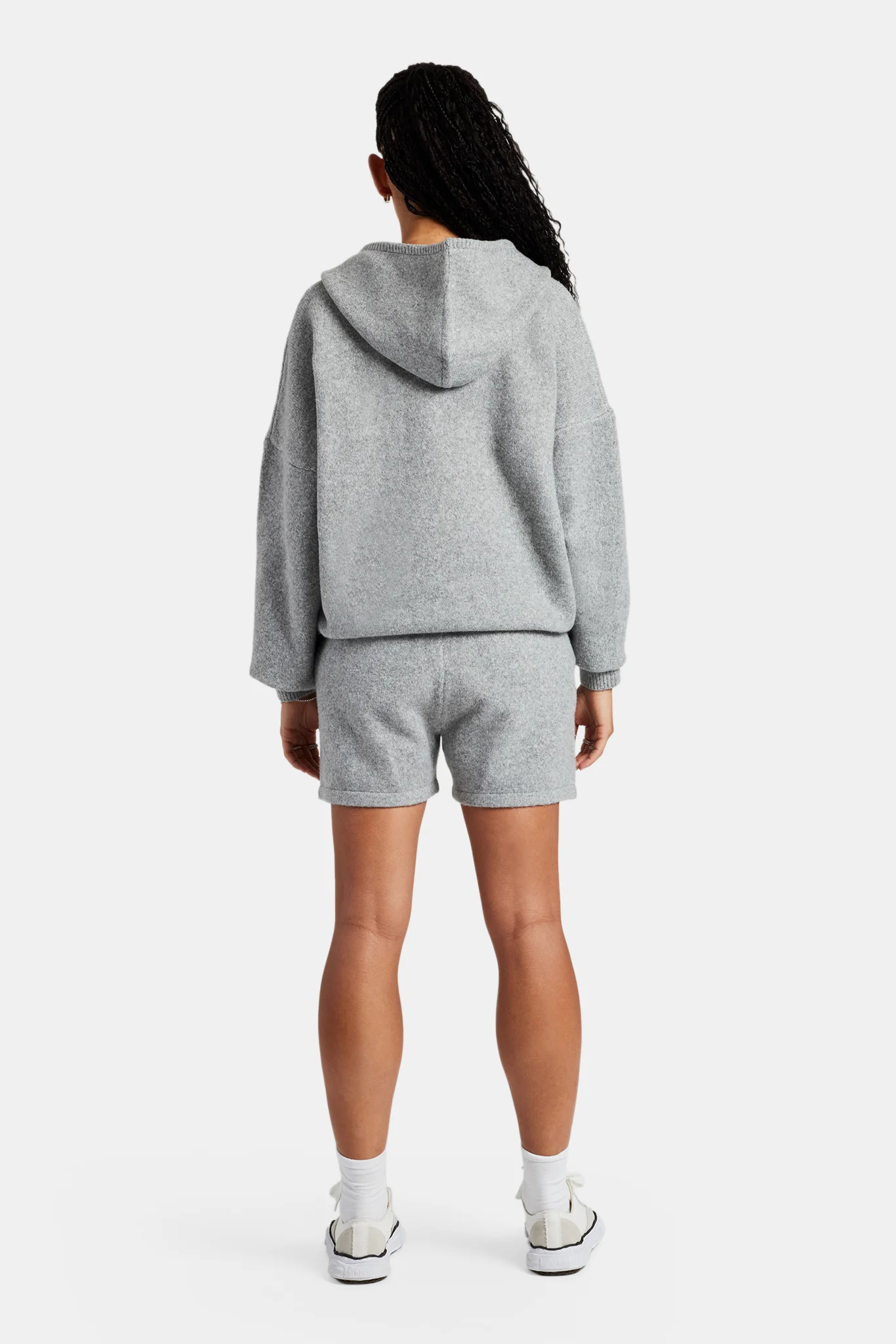 Hooded Zip Through Knitted Short Tracksuit - Grey - Image 3