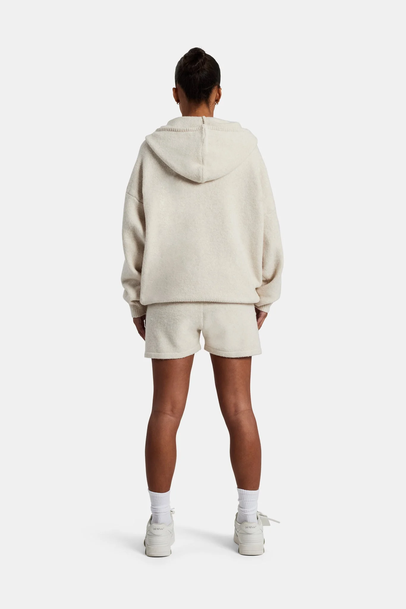 Hooded Zip Through Knitted Short Tracksuit - Oatmeal - Image 2