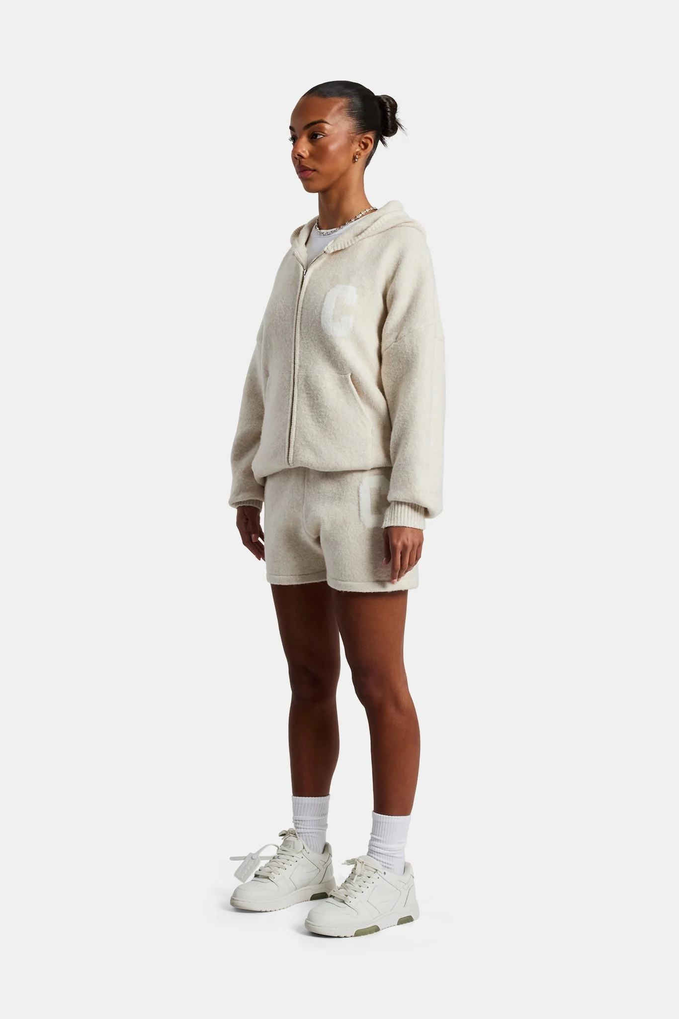 Hooded Zip Through Knitted Short Tracksuit - Oatmeal - Image 3