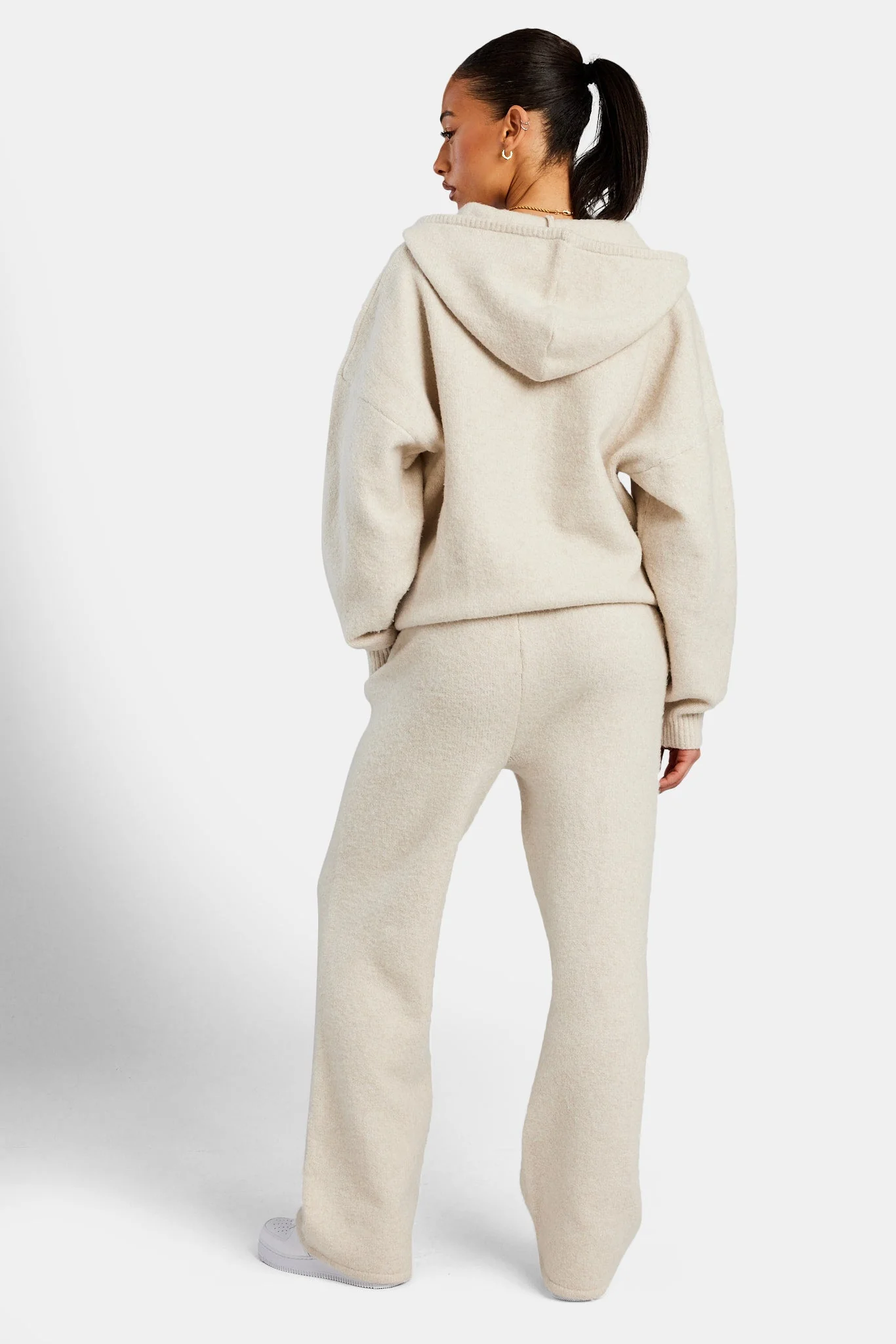 Hooded Zip Through Knitted Tracksuit - Oatmeal - Image 2