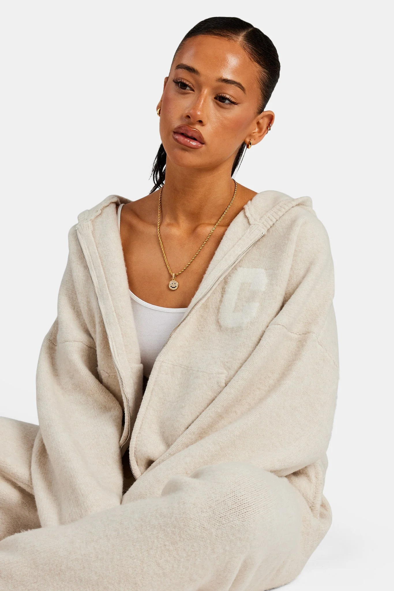 Hooded Zip Through Knitted Tracksuit - Oatmeal - Image 3
