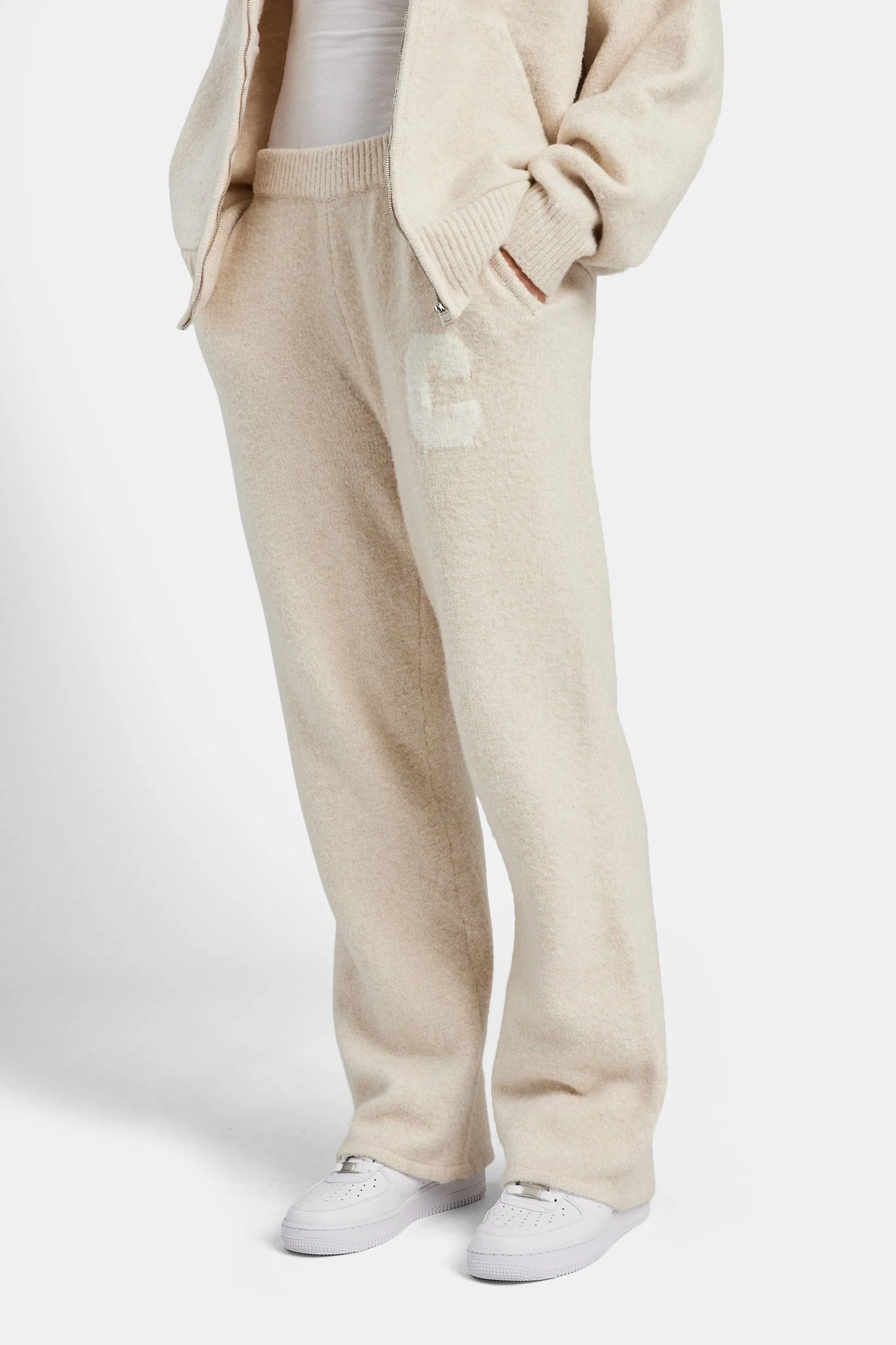 Hooded Zip Through Knitted Tracksuit - Oatmeal - Image 5