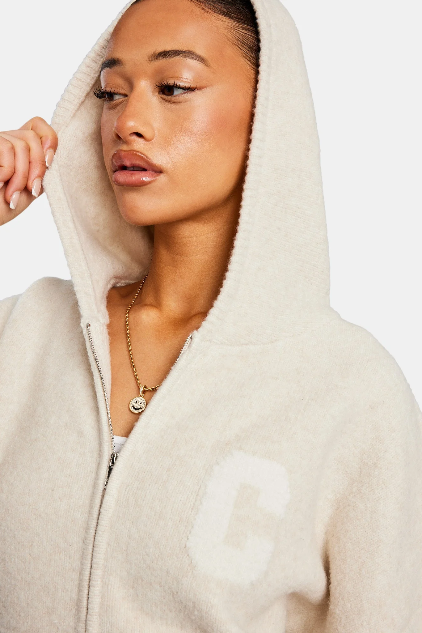 Hooded Zip Through Knitted Tracksuit - Oatmeal - Image 7