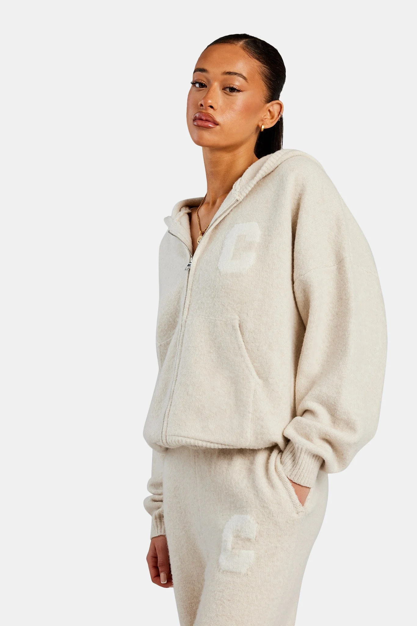 Hooded Zip Through Knitted Tracksuit - Oatmeal - Image 8