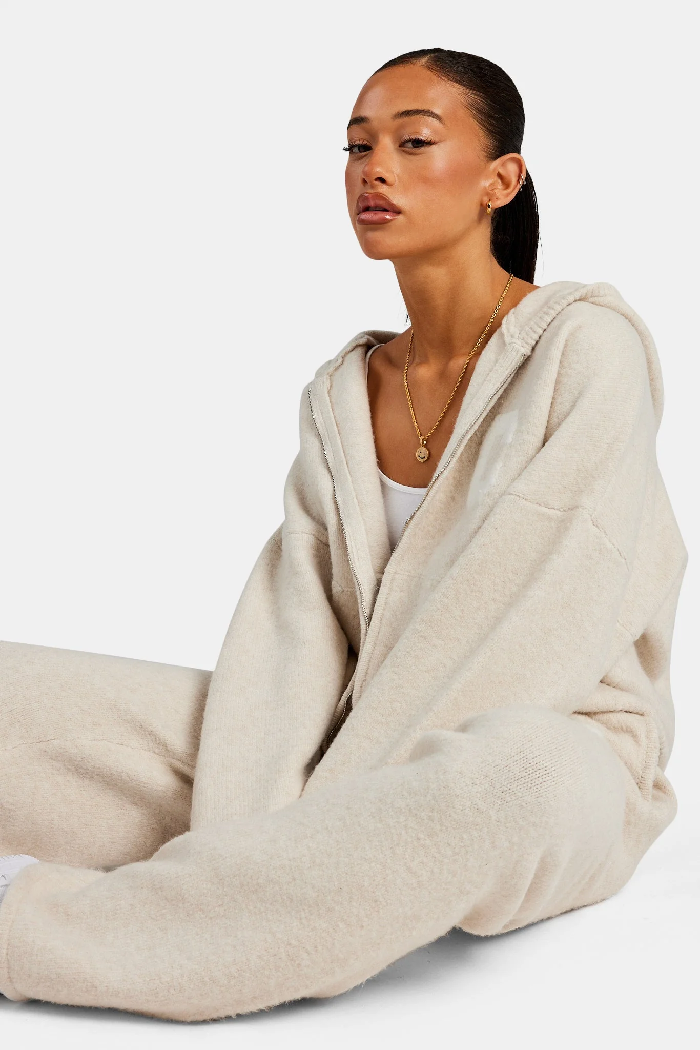 Hooded Zip Through Knitted Tracksuit - Oatmeal - Image 9