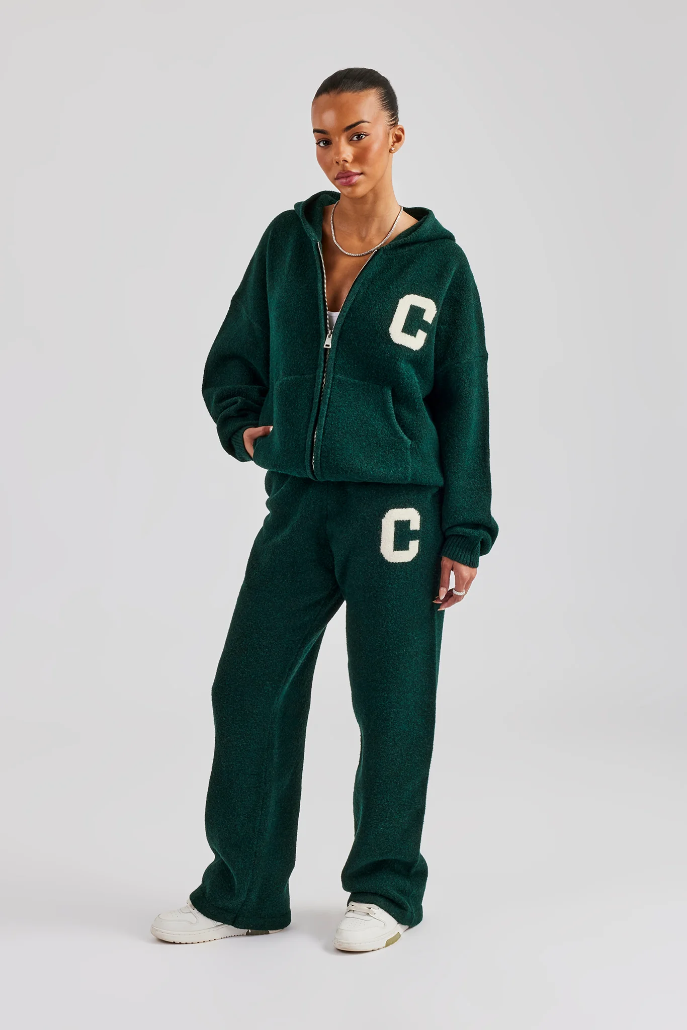 Hooded Zip Through Knitted Tracksuit - Bottle Green - Image 2