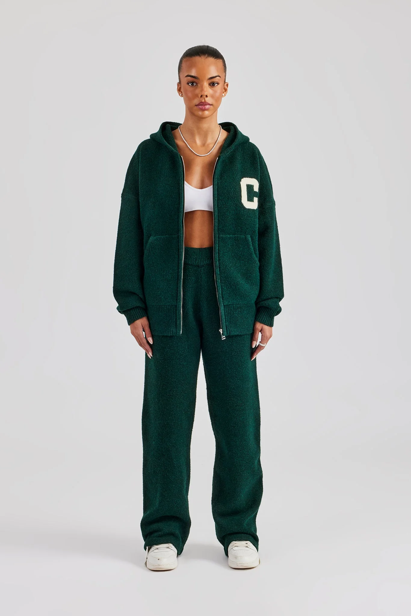 Hooded Zip Through Knitted Tracksuit - Bottle Green - Image 3
