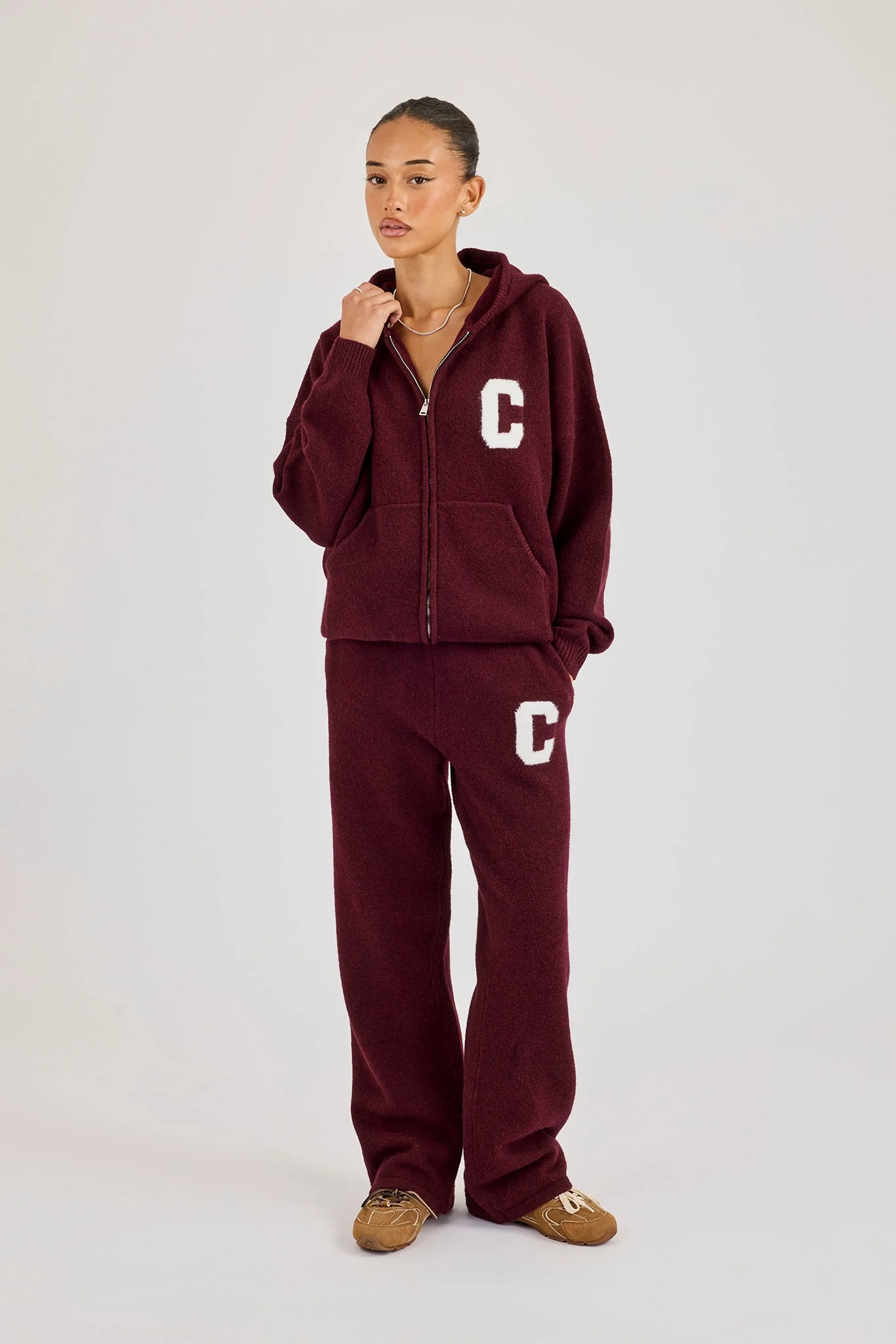 Hooded Zip Through Knitted Tracksuit - Burgundy - Image 2