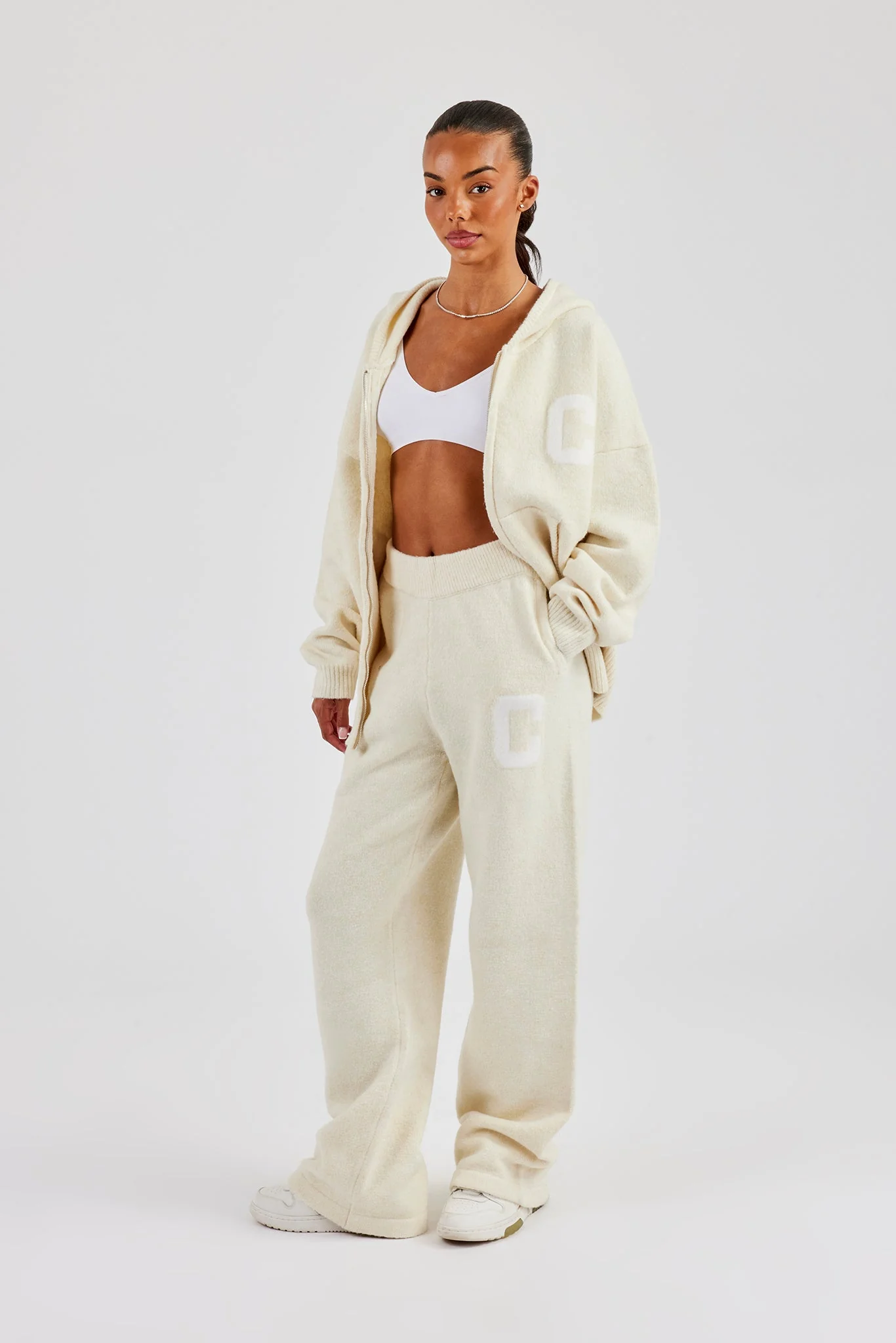 Hooded Zip Through Knitted Tracksuit Butter Yellow