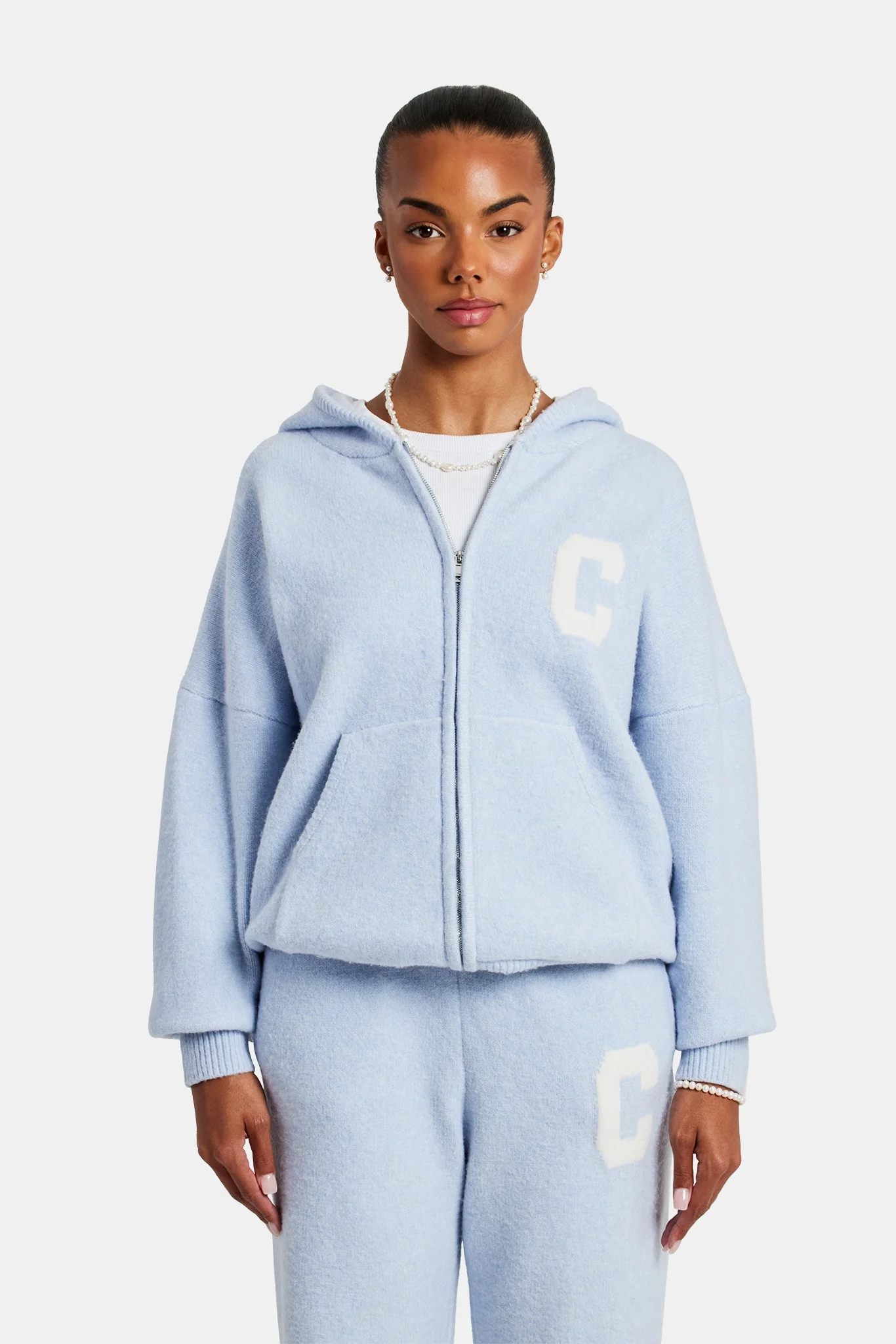 Hooded Zip Through Knitted Tracksuit - Light Blue - Image 3