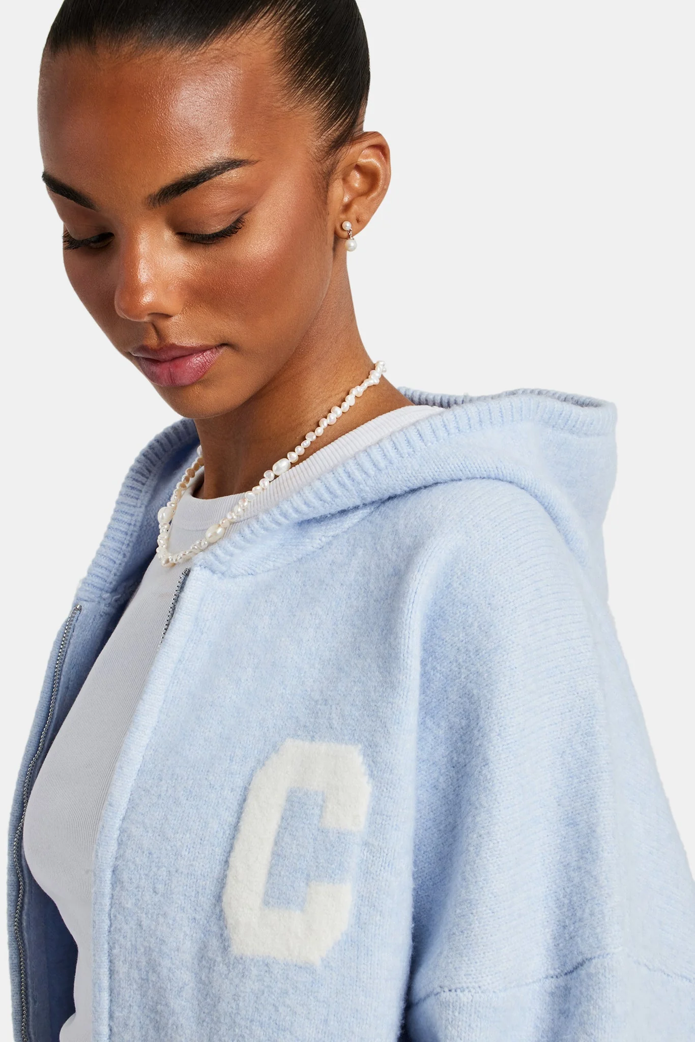 Hooded Zip Through Knitted Tracksuit - Light Blue - Image 5