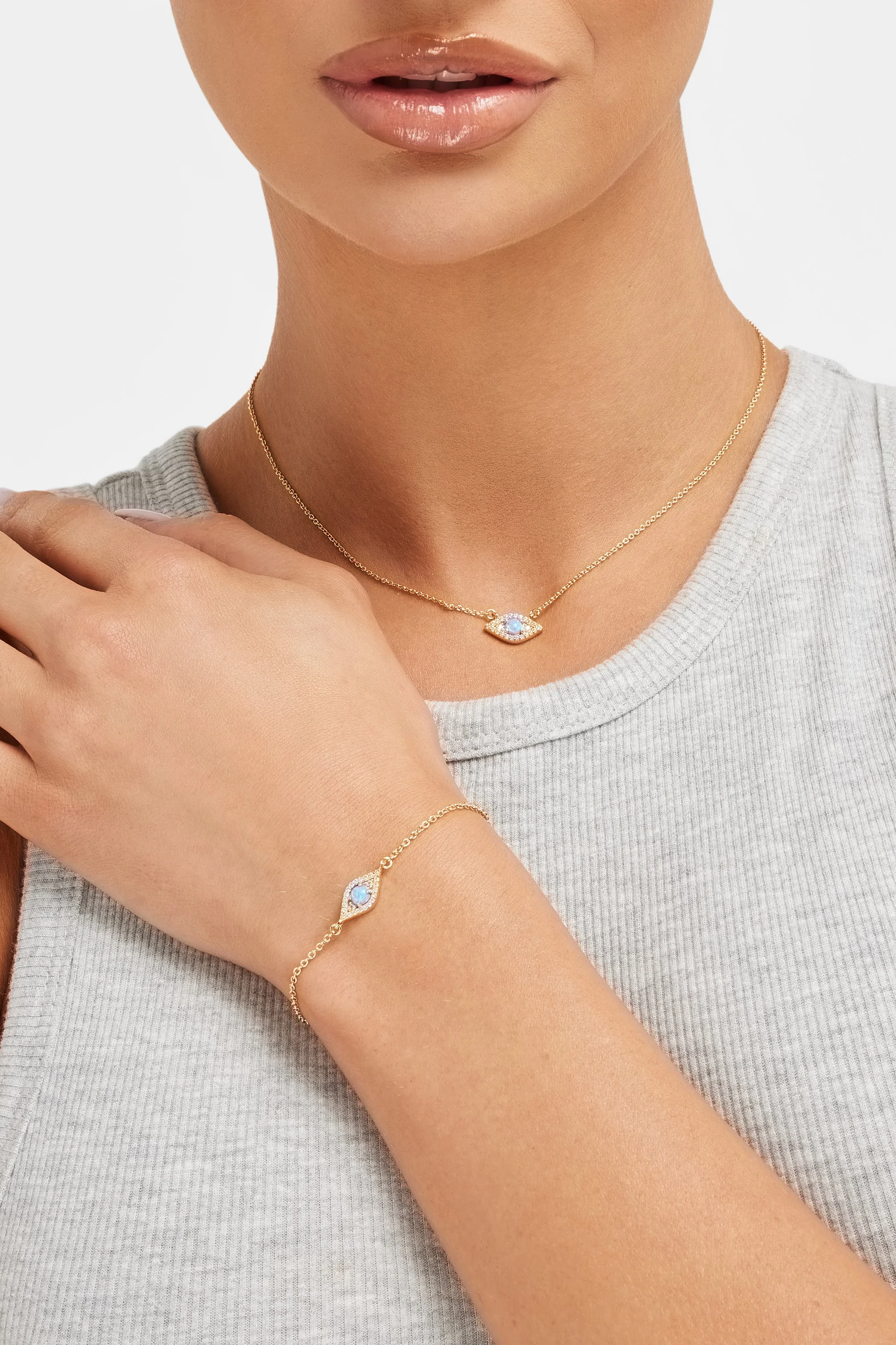 Iced Blue Opal Mini Evil Eye Necklace + Bracelet Bundle - Gold - Image 2