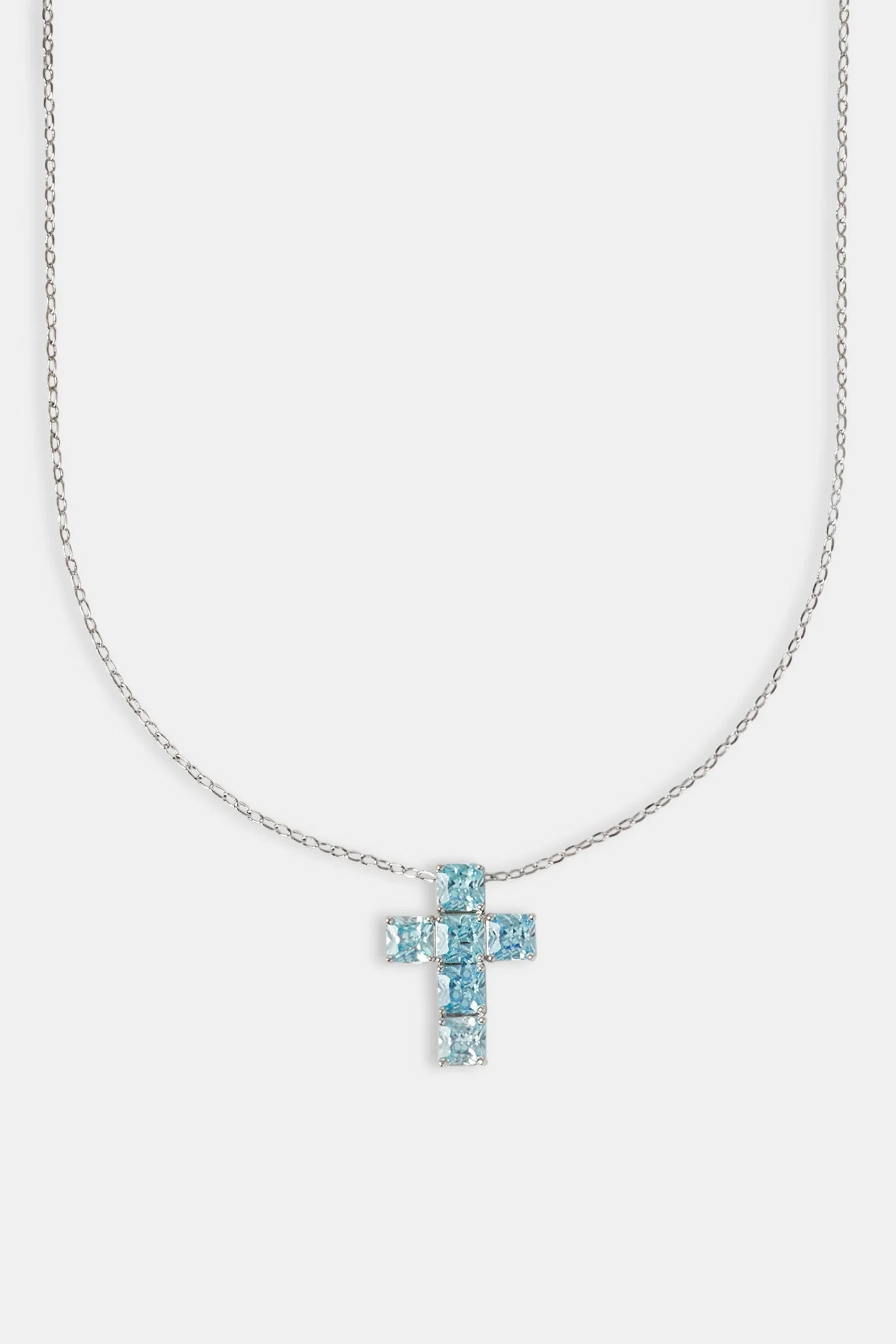 Iced Blue Square Stone Cross Necklace - 25mm - Image 2