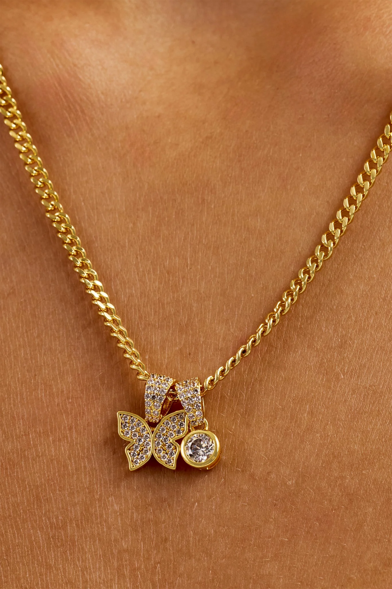 Iced Butterfly Pendant Necklace - 15mm - Gold - Image 2