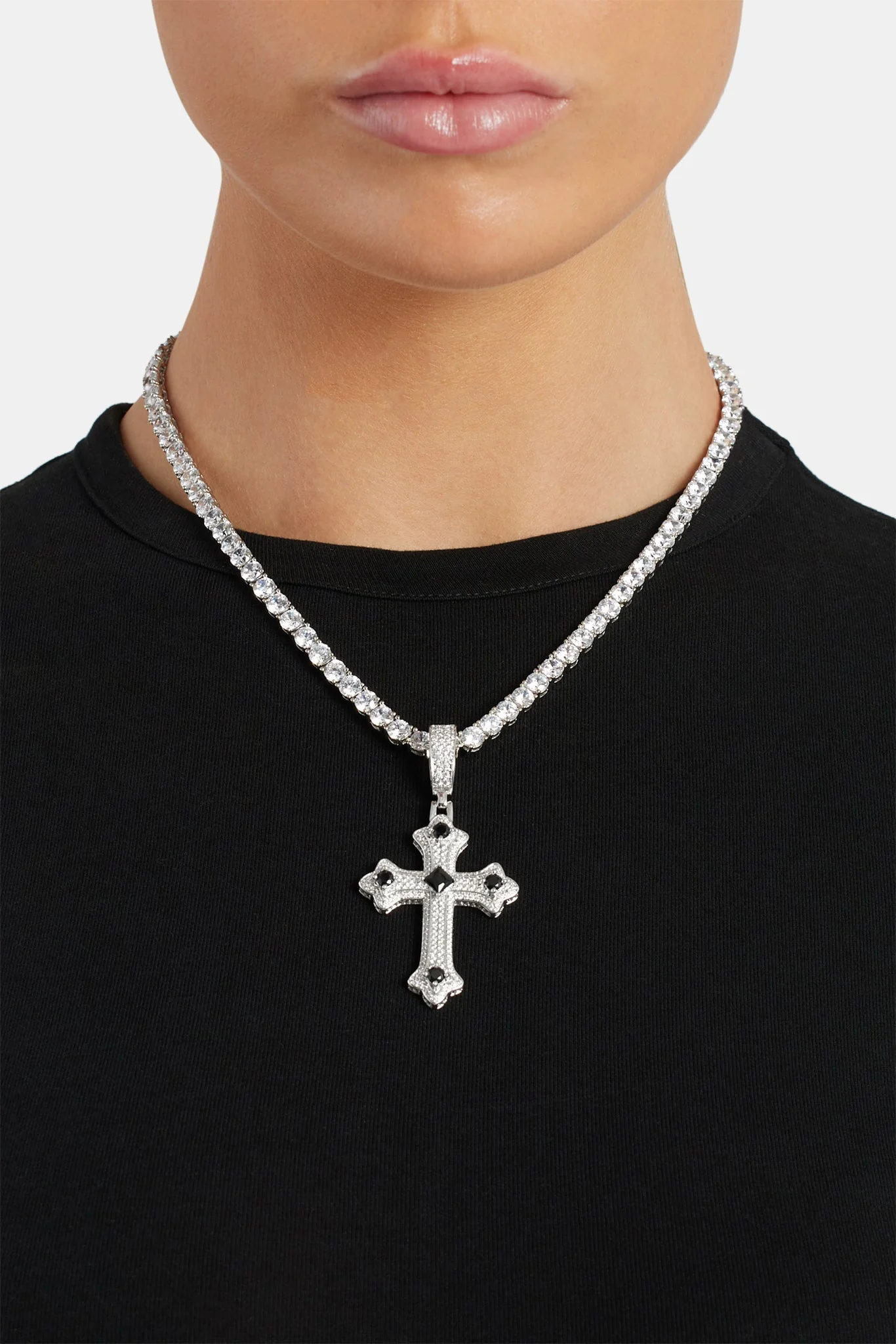 Iced Clear & Black CZ Cross Pendant - Image 2