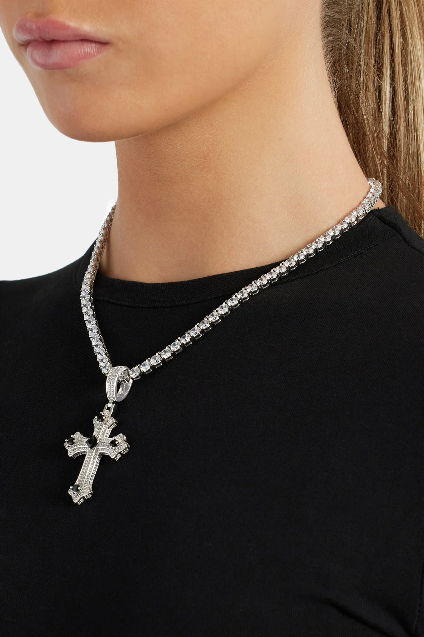 Iced Clear & Black CZ Cross Pendant - Image 3
