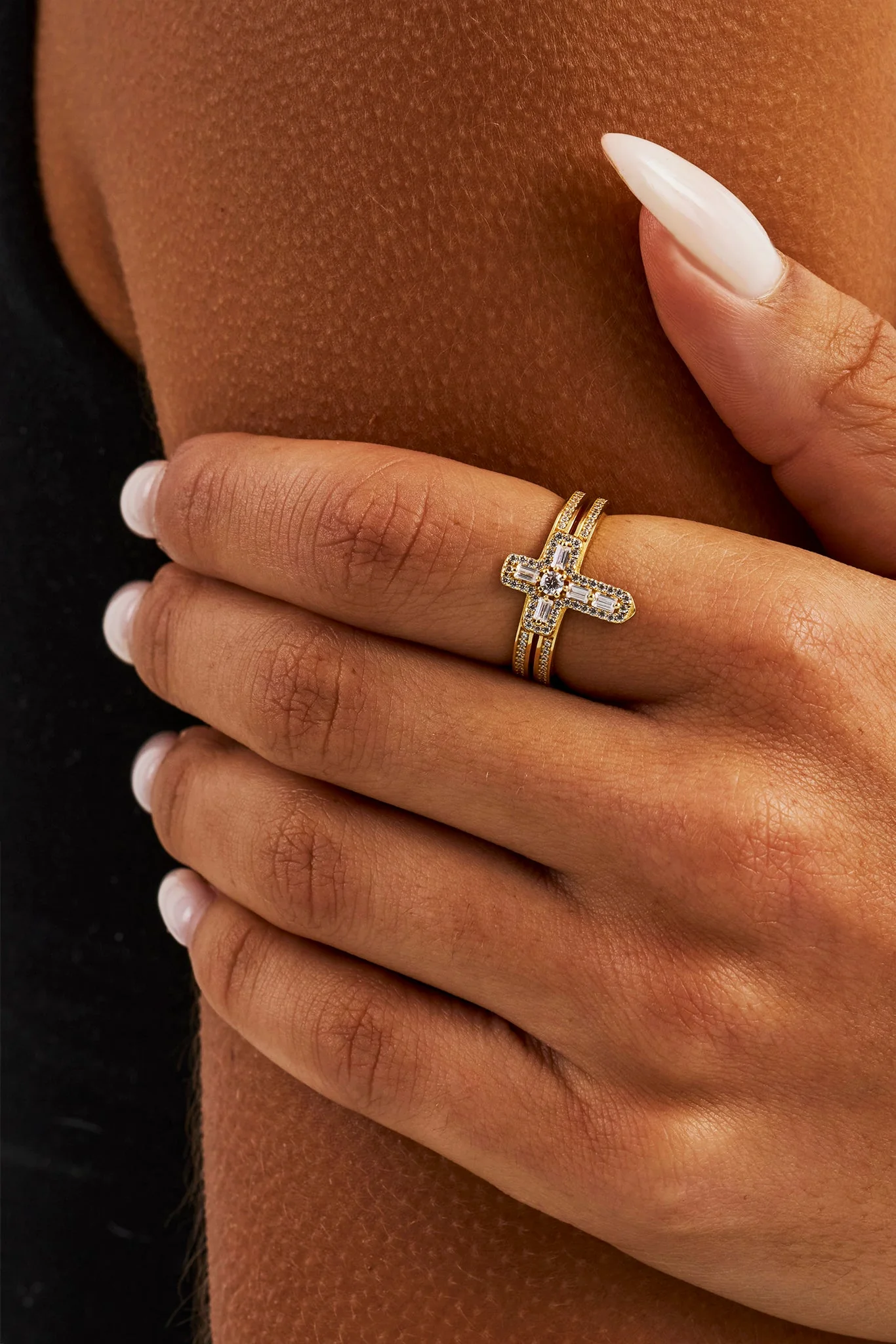 Iced Cross Double Row Ring - 15mm - Gold