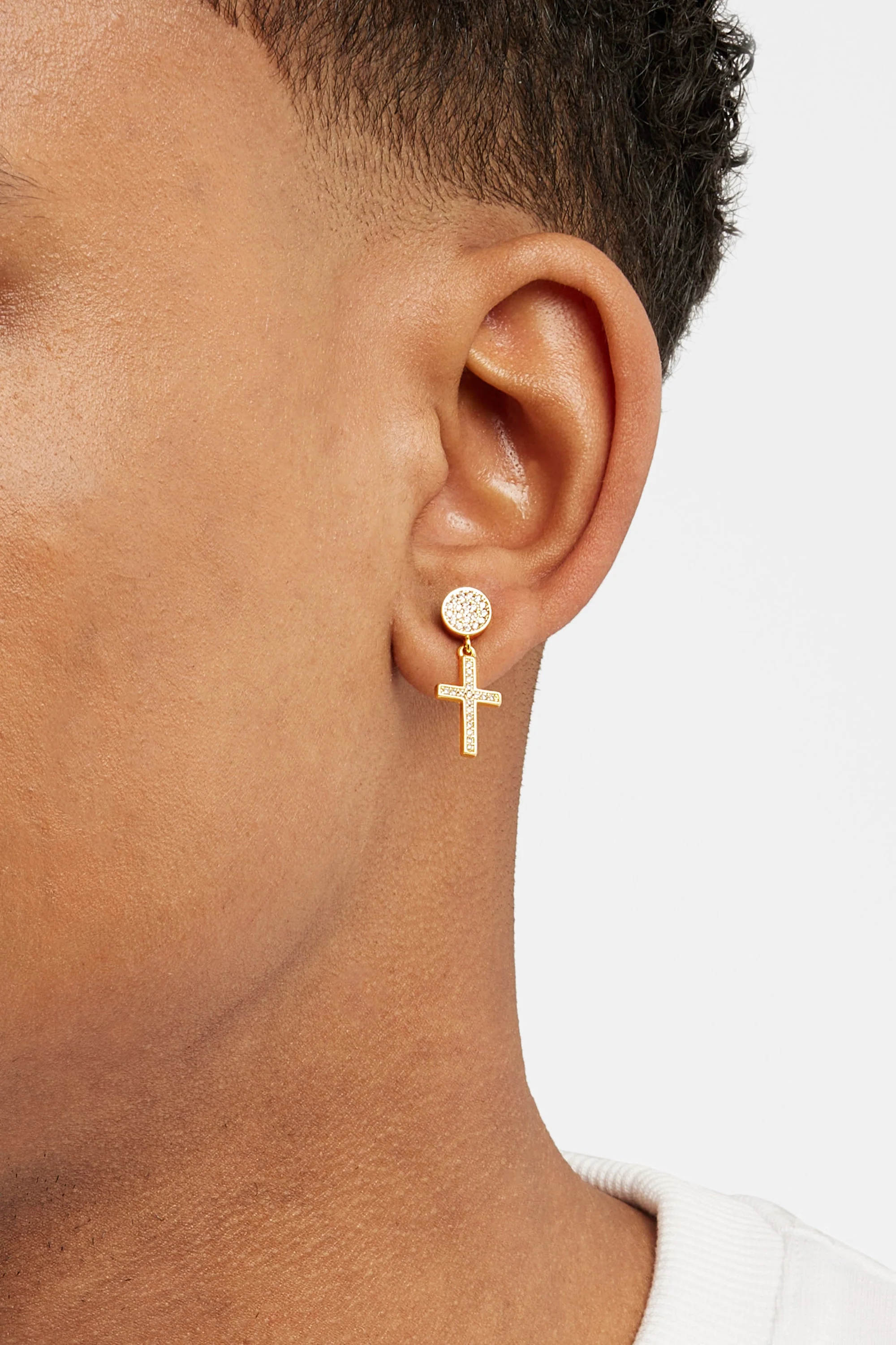 Iced Cross Drop Stud Earrings - Gold - Image 2