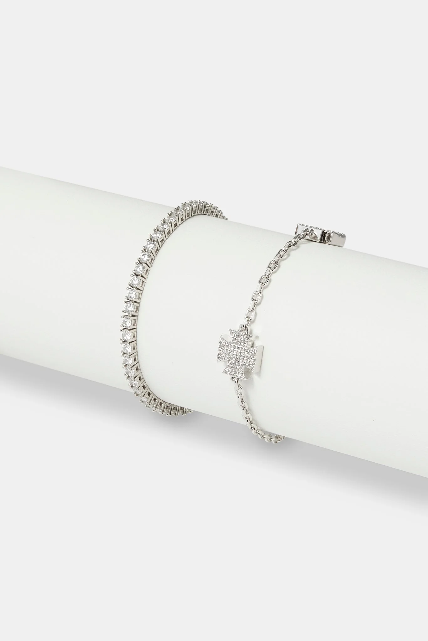 Iced Cross Motif Bracelet & 3mm Tennis Bracelet - White - Image 2