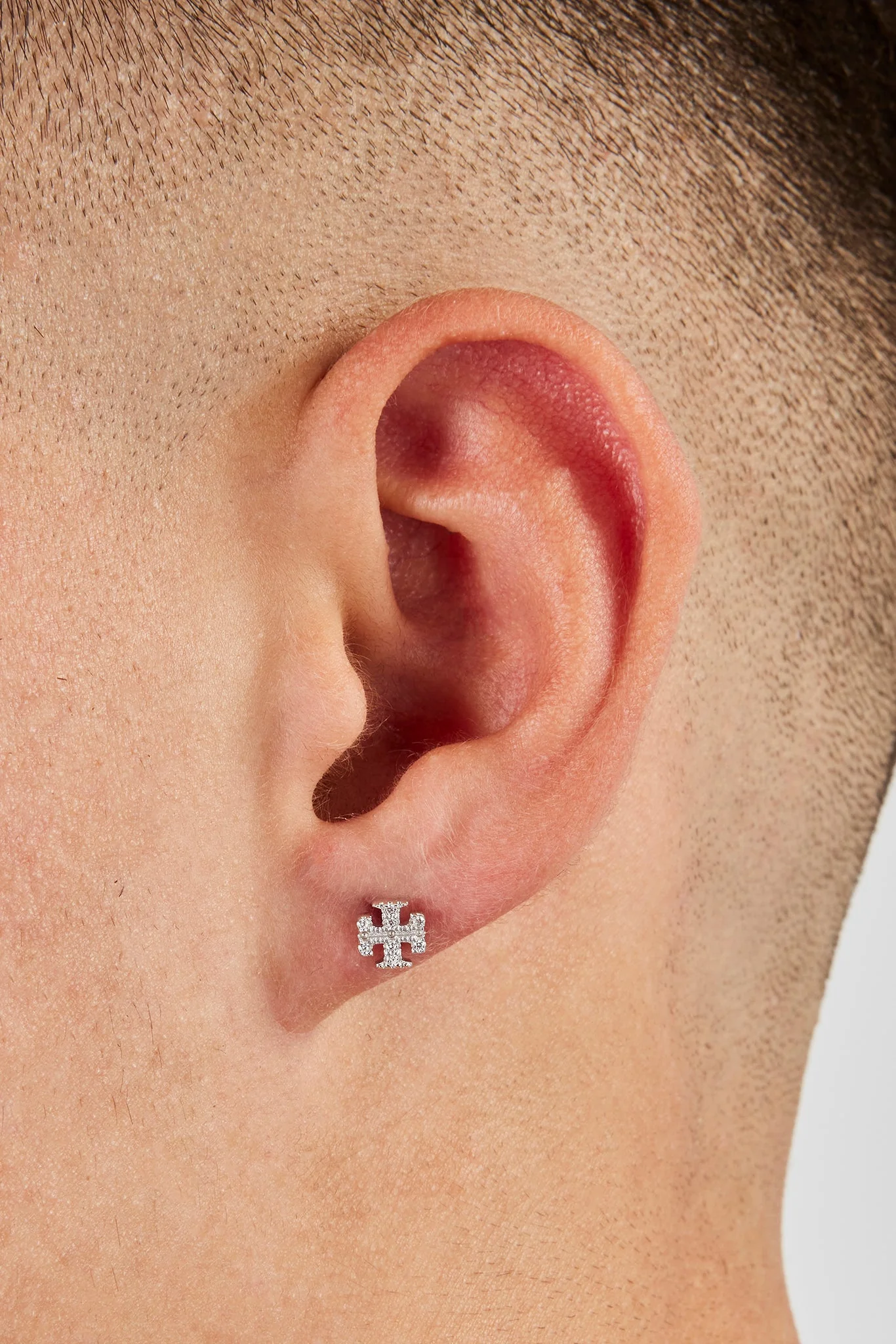 Iced Cross Motif Stud Earrings - 6mm - Image 2