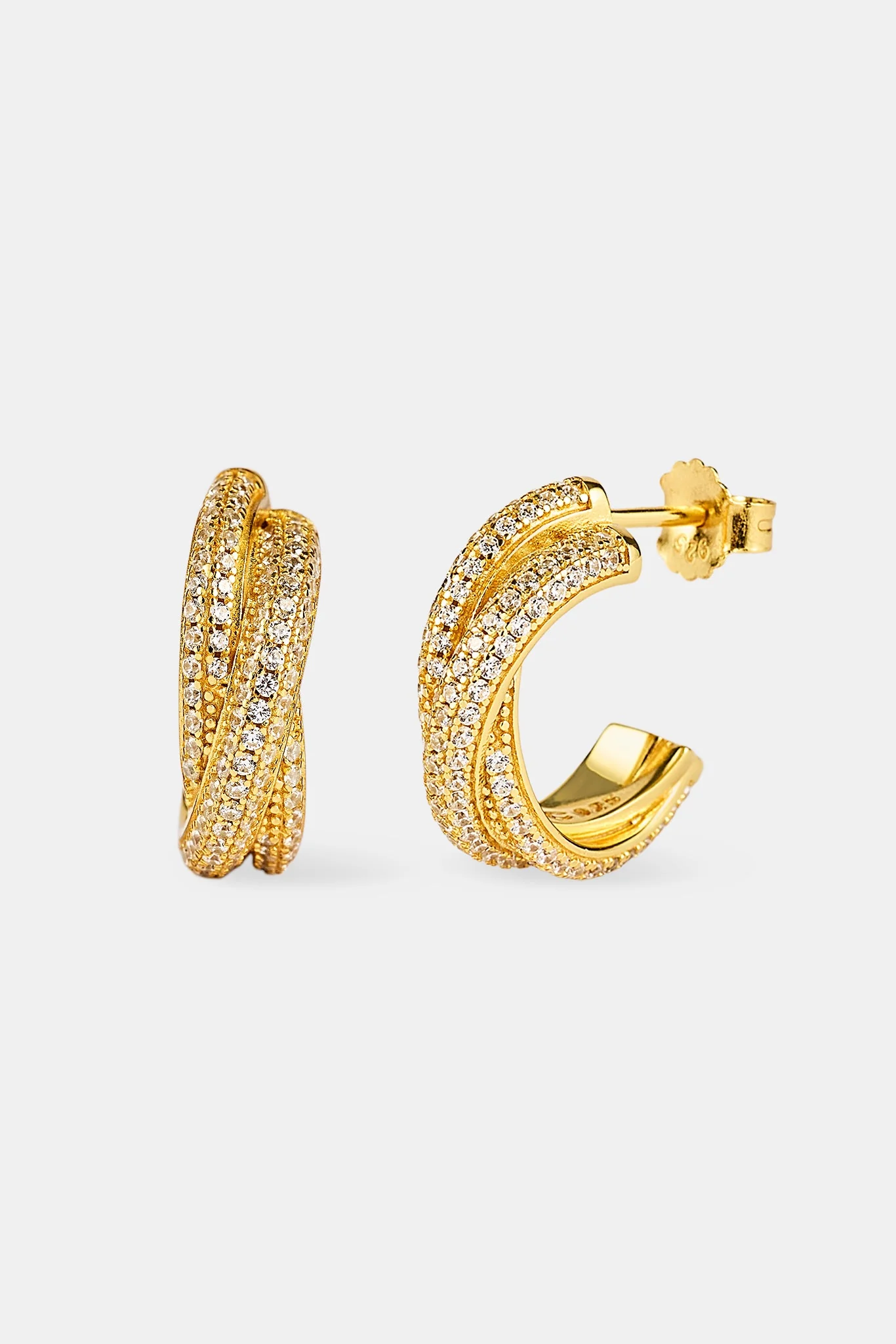 Iced Cross Over Hoop Earrings - 20mm - Gold - Image 2