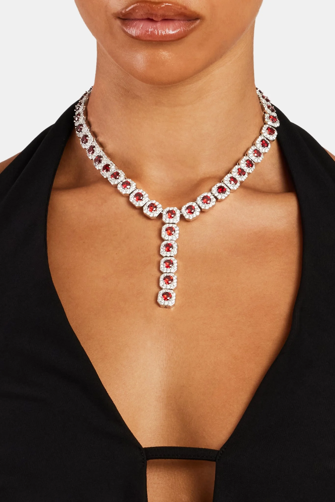 Iced Deep Red CZ Cluster Drop Necklace - Image 2