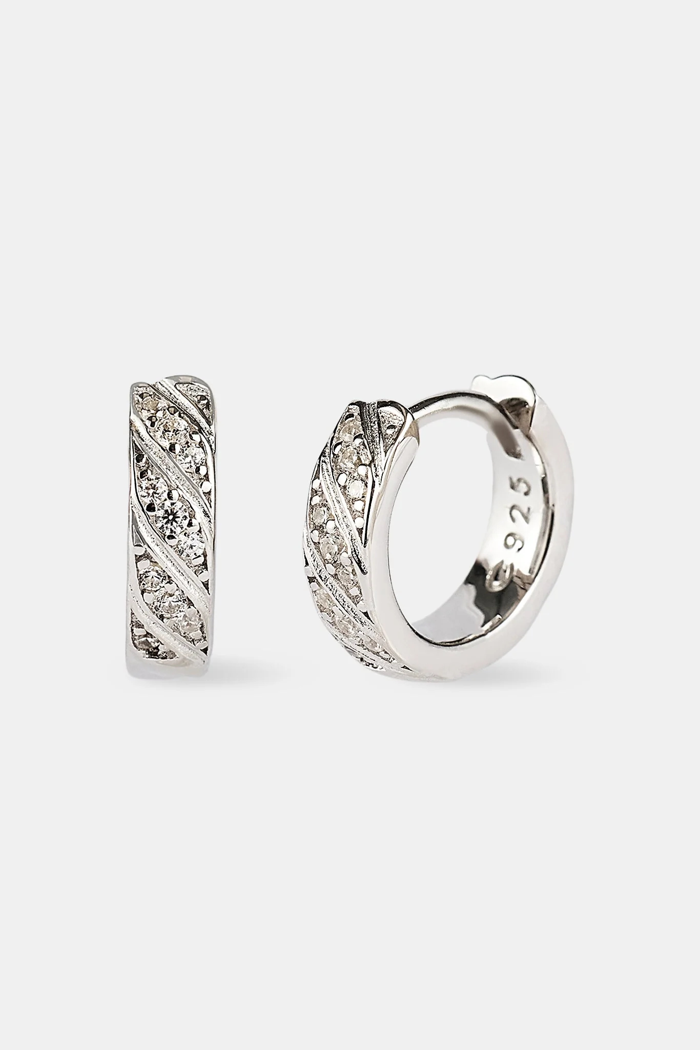 Iced Diagonal Stripe Huggie Hoop Earring - 13mm - White - Image 2