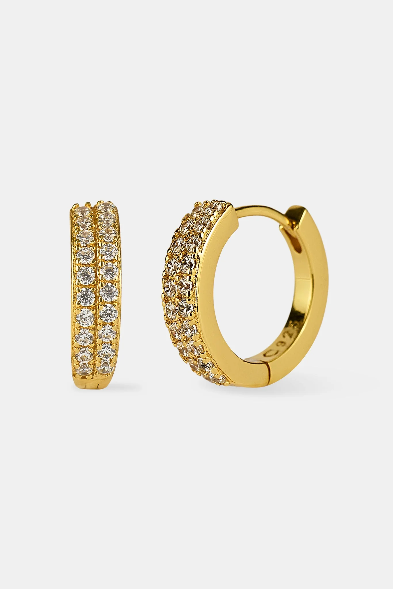 Iced Double Row Hoop Earrings - 10mm - Gold - Image 2