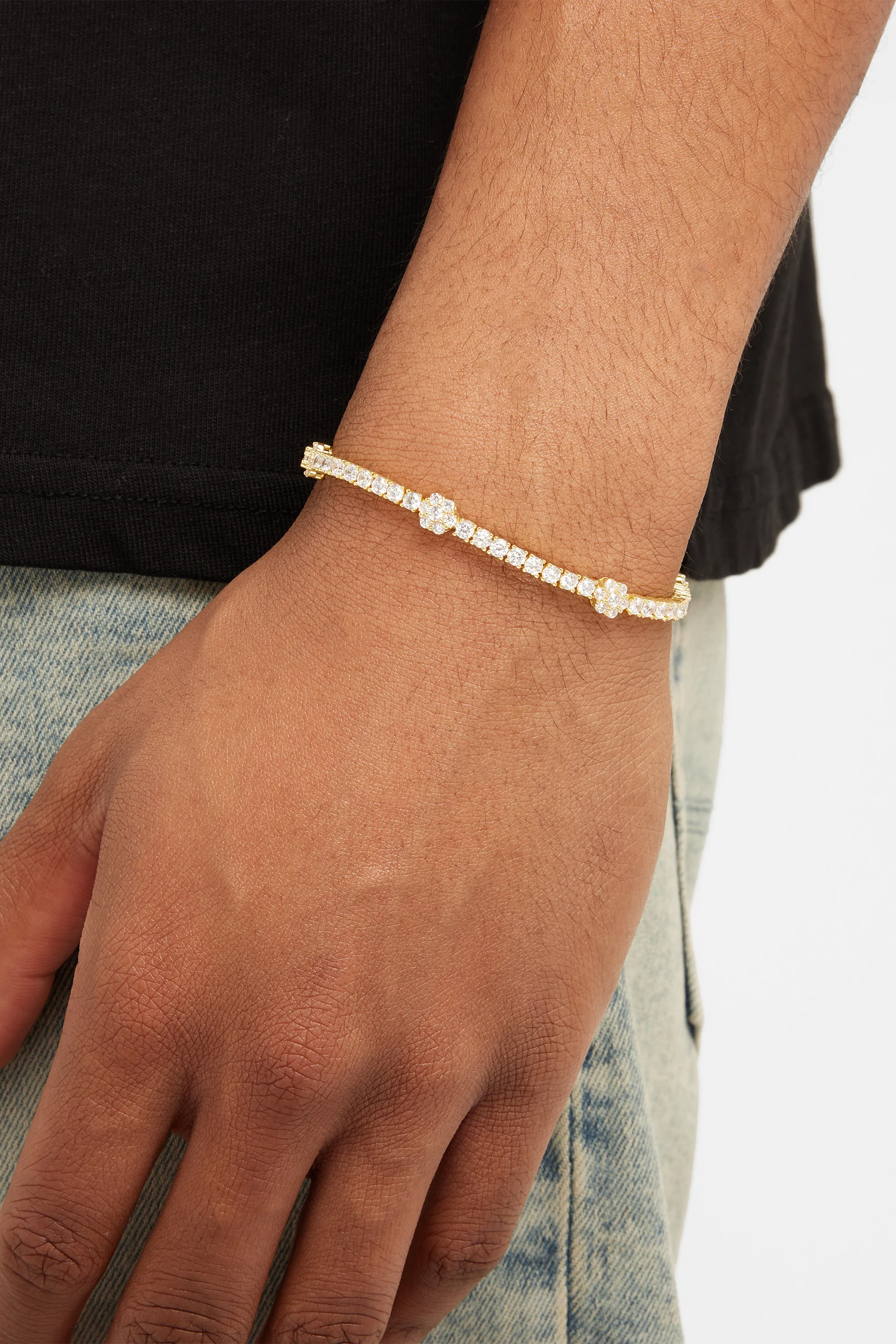 Iced Floral Detail Tennis Bracelet - Gold - Image 2