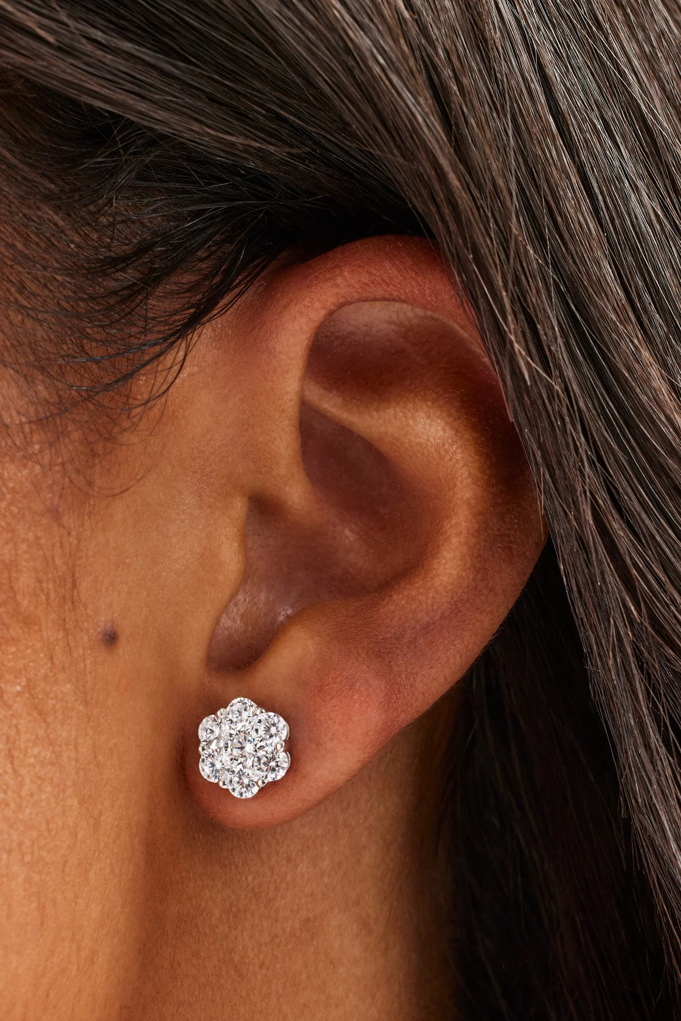 Iced Floral Stud Earrings - 8mm - White - Image 2