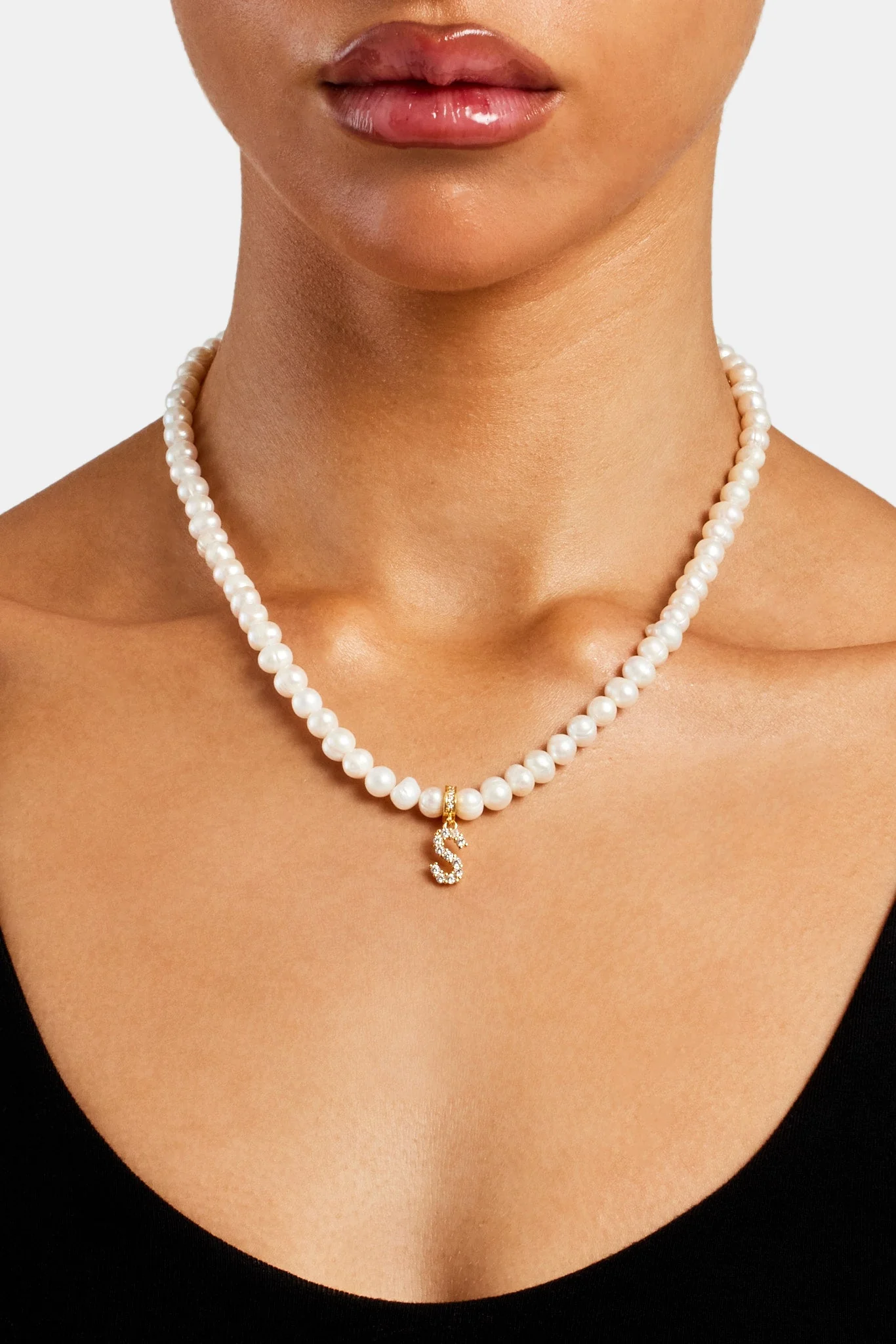 Iced Initial Clip On Pendant + 6mm Pearl Chain - Image 43