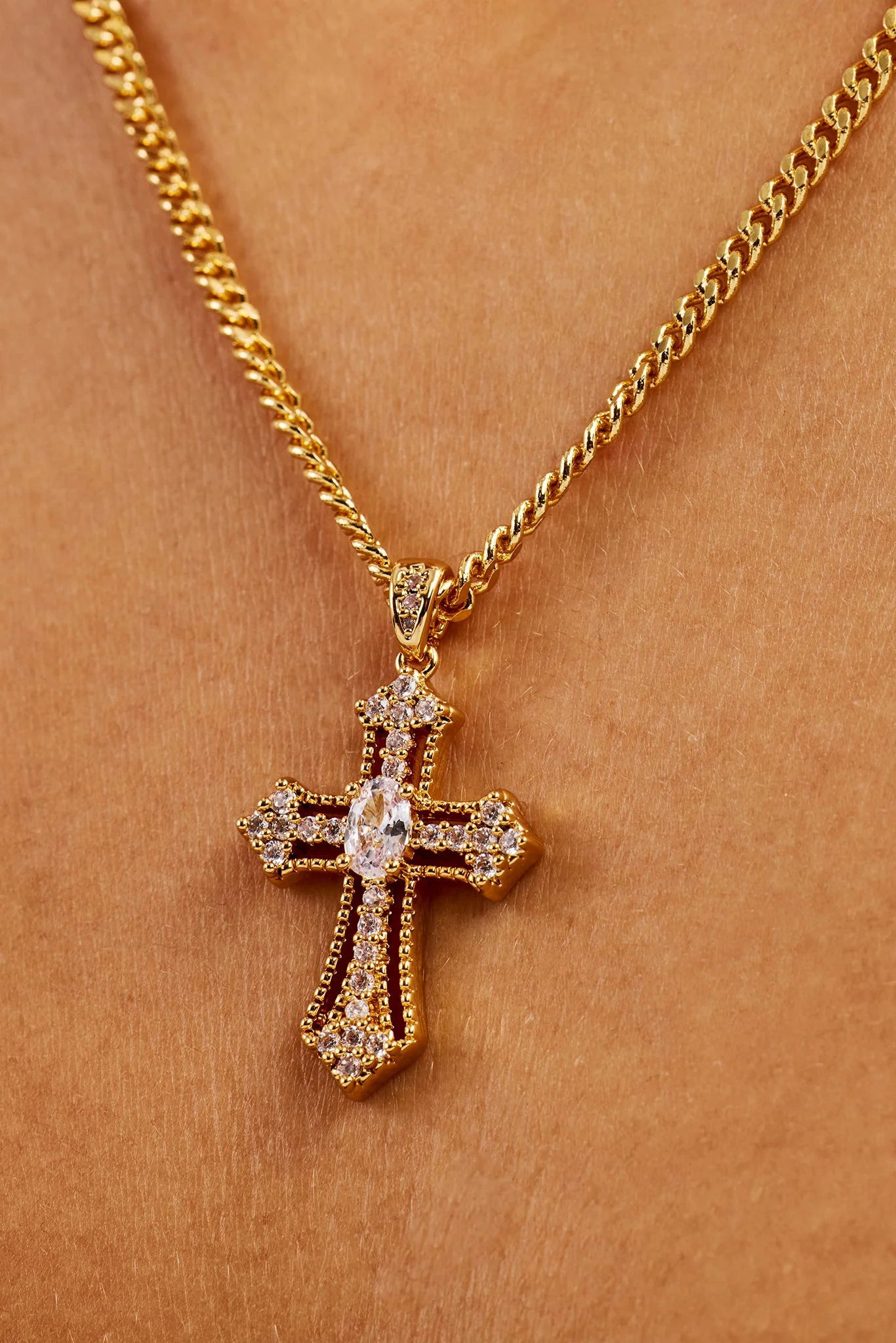 Iced Oval Centre Cross Necklace - 25mm - Gold - Image 2