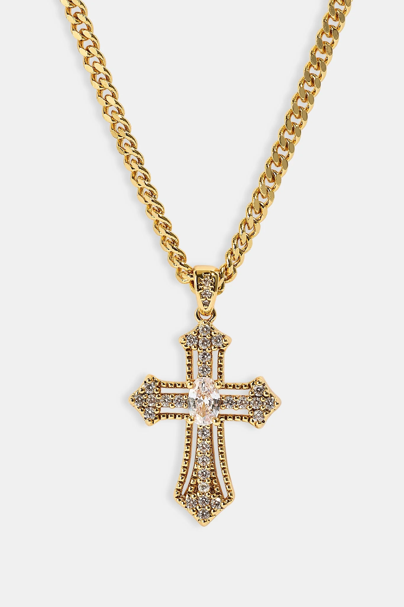 Iced Oval Centre Cross Necklace - 25mm - Gold - Image 4