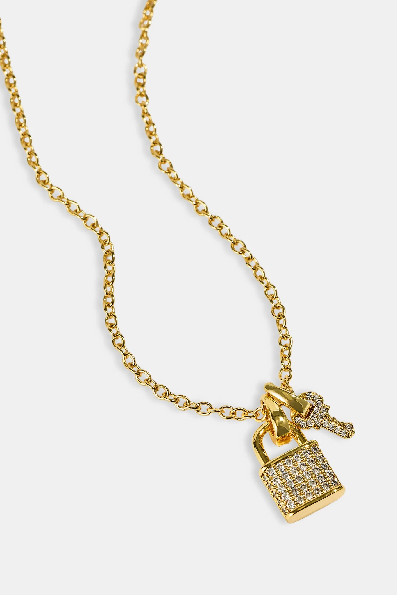 Iced Padlock & Key Necklace - 10mm - Gold - Image 2