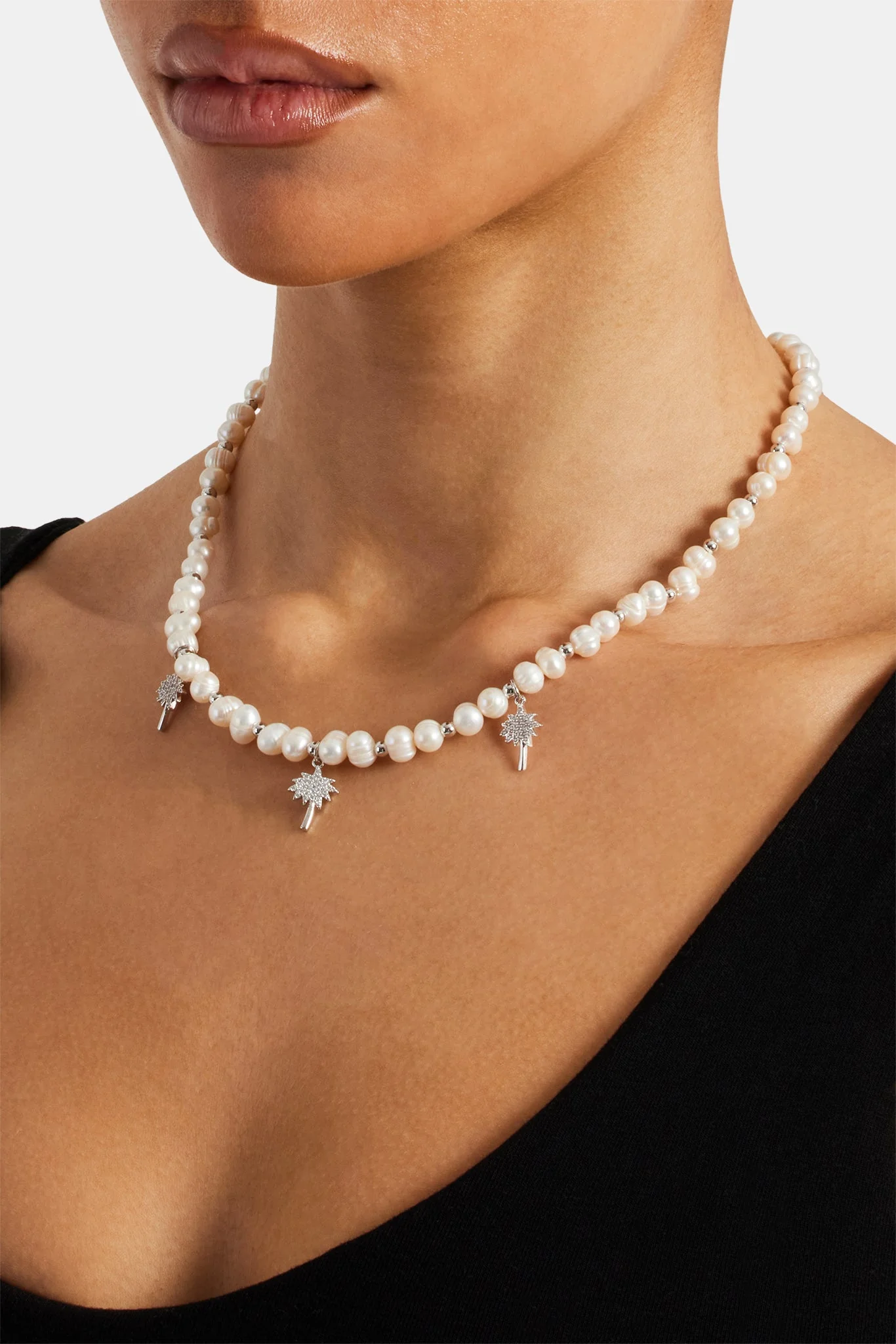 Iced Palm Tree Freshwater Pearl Necklace - 6mm - Image 4