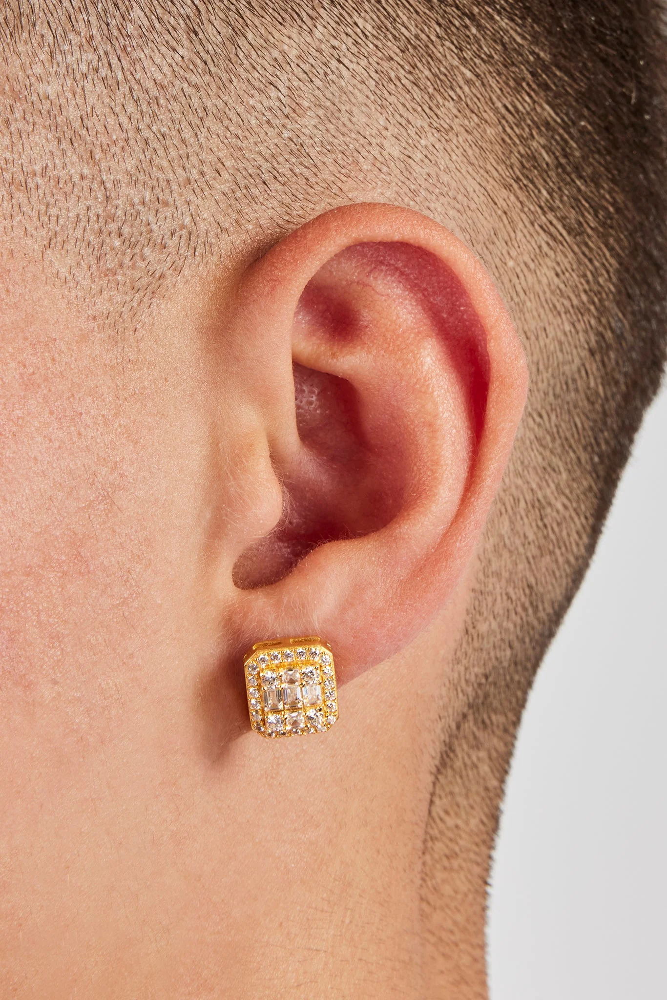 Iced Pave & Baguette Stone Studs - 10mm - Gold - Image 2