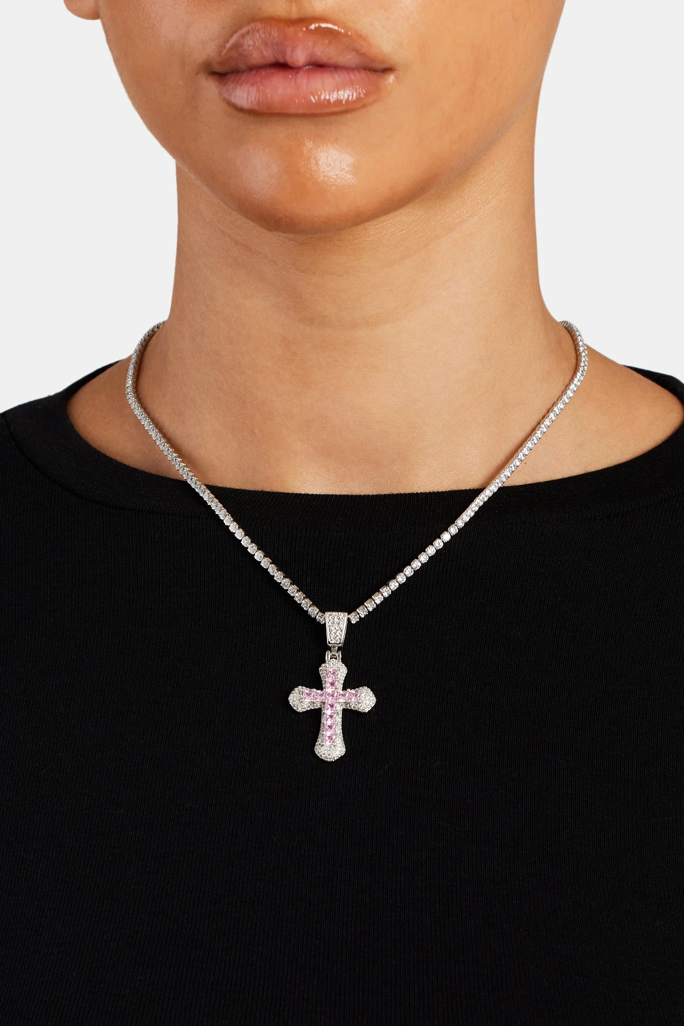 Iced Pink Square CZ Cross Pendant - Image 2