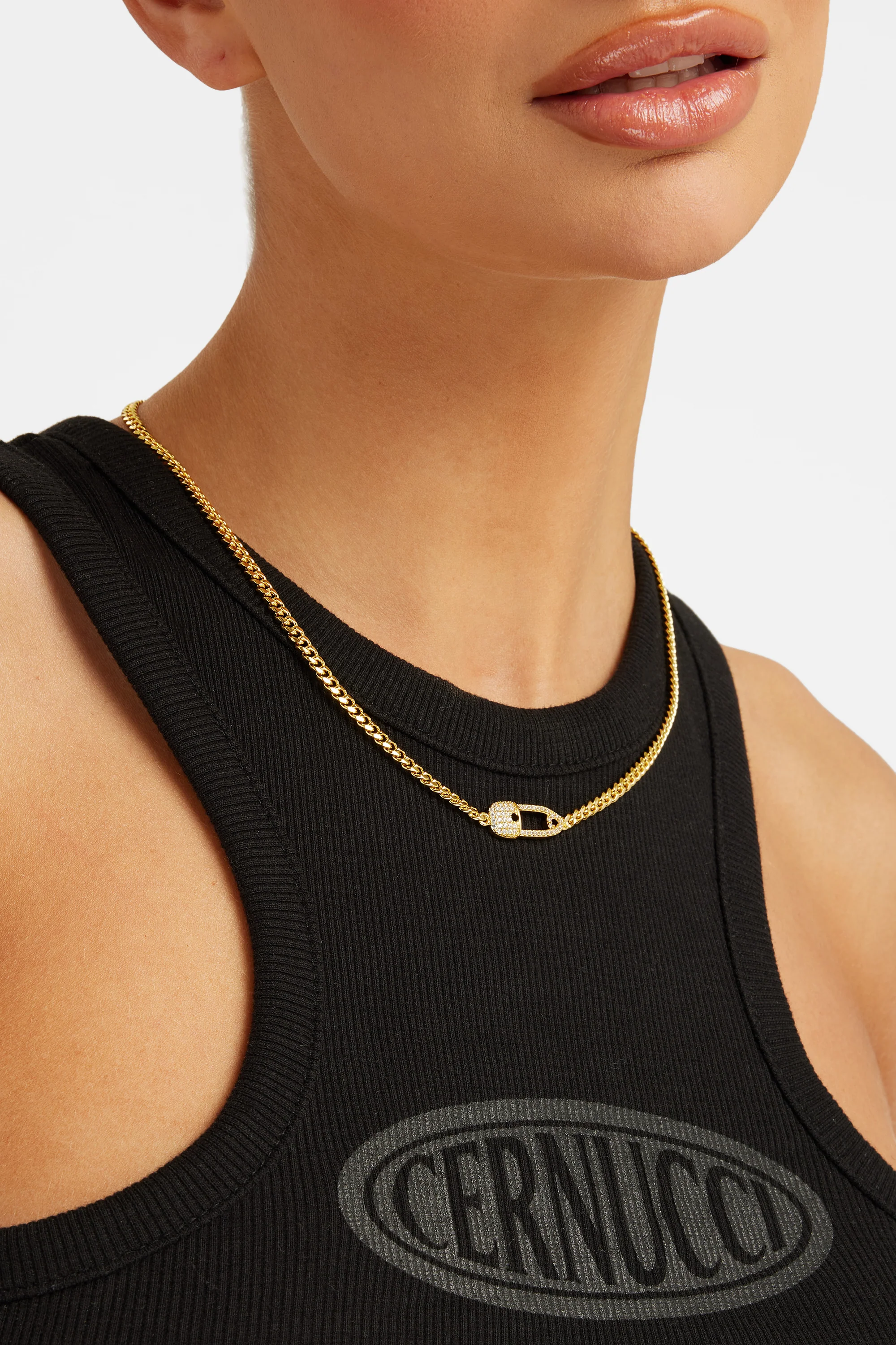 Iced Safety Pin Necklace - Gold - Image 2