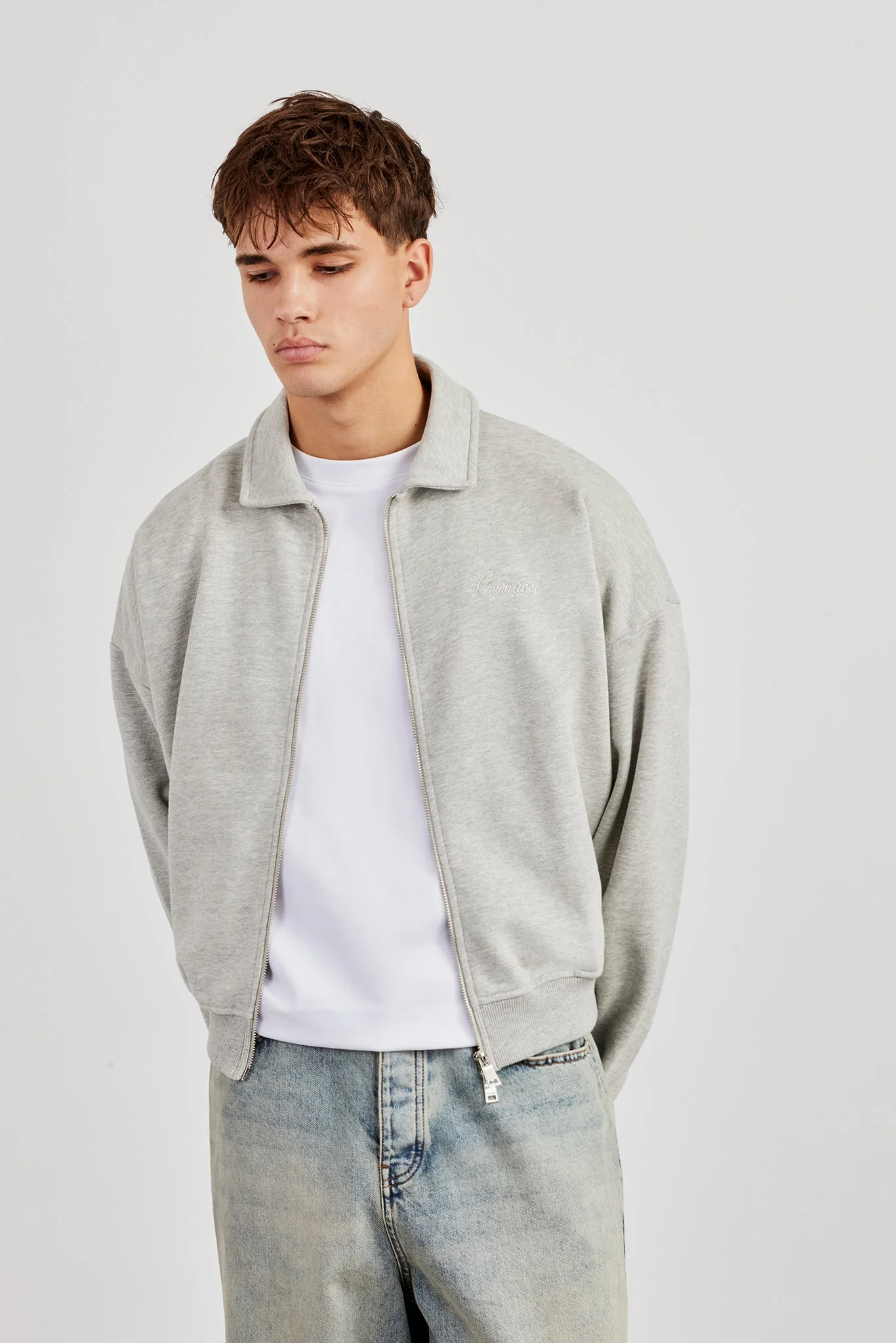 Jersey Zip Through Collared Jacket - Grey Marl - Image 4