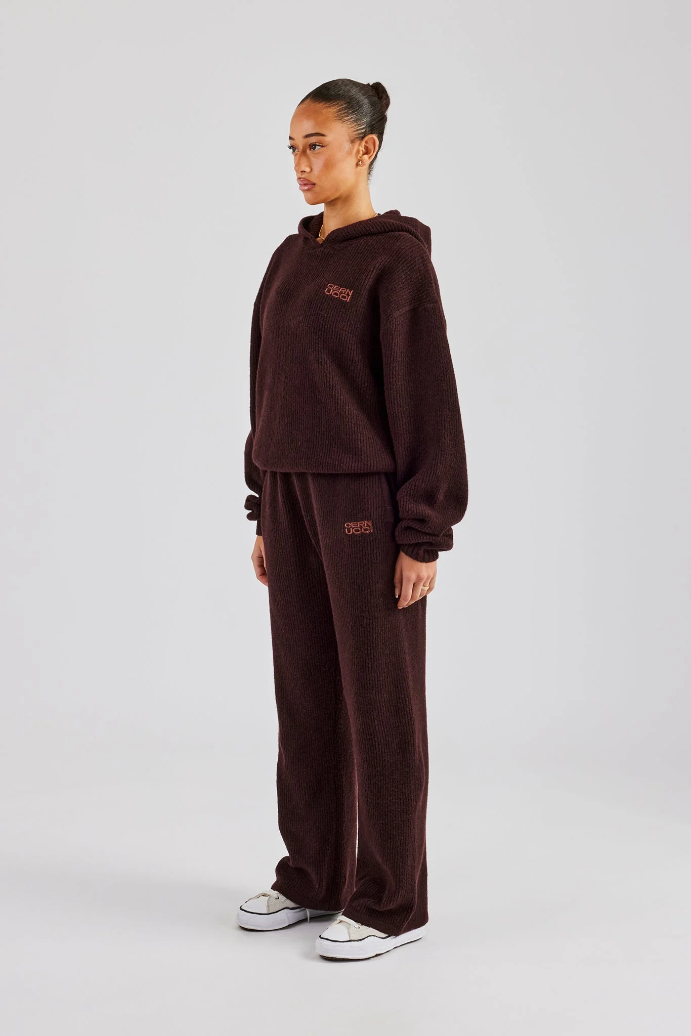 Knit Boxy Embroidered Tracksuit - Chocolate - Image 3