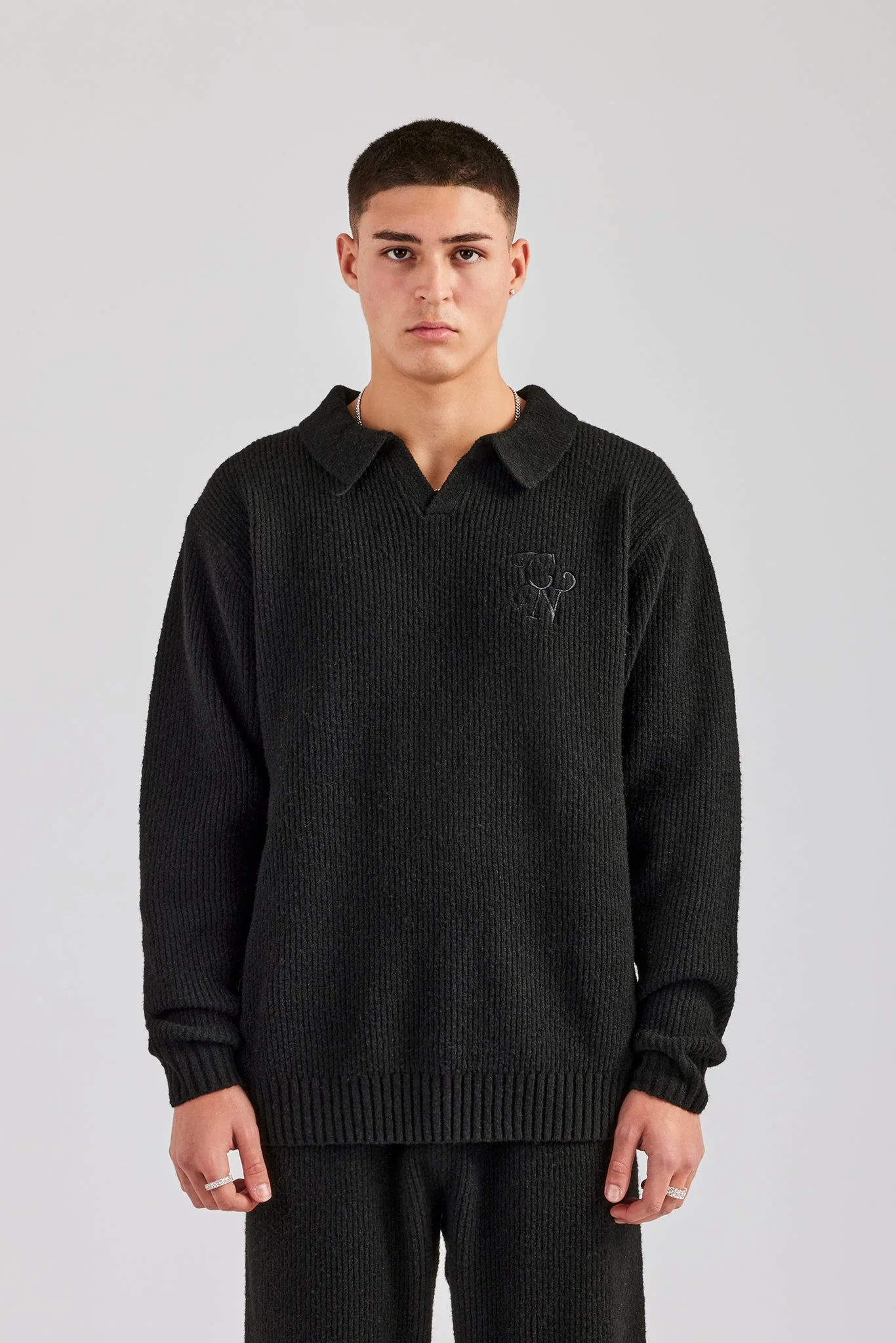 Knit Collared Sweat - Black - Image 3