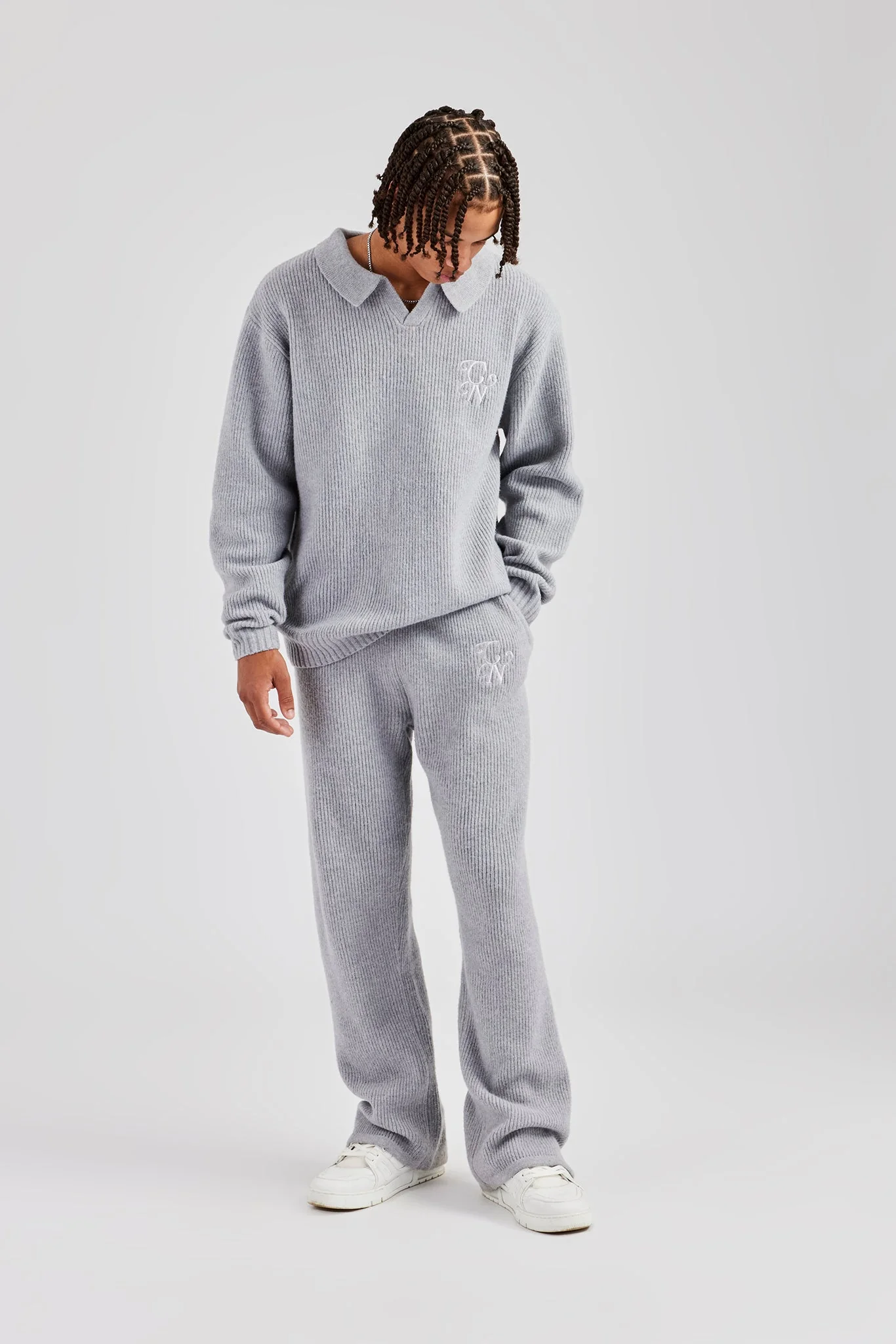 Knit Collared Sweat & Jogger Set - Grey - Image 3