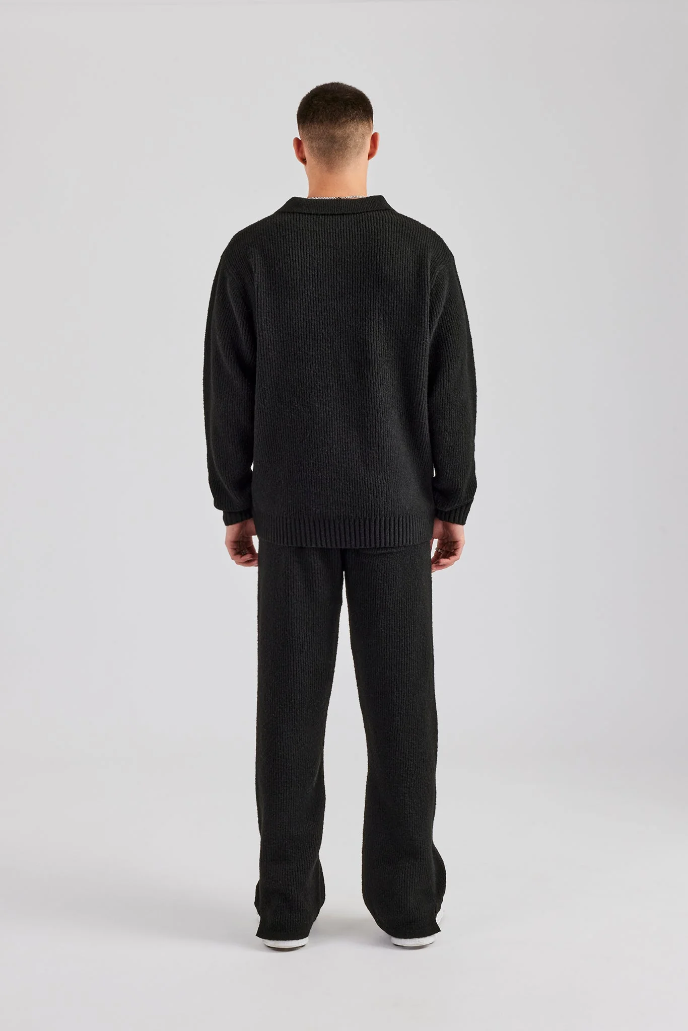 Knit Collared Sweat & Split Hem Jogger - Black - Image 4