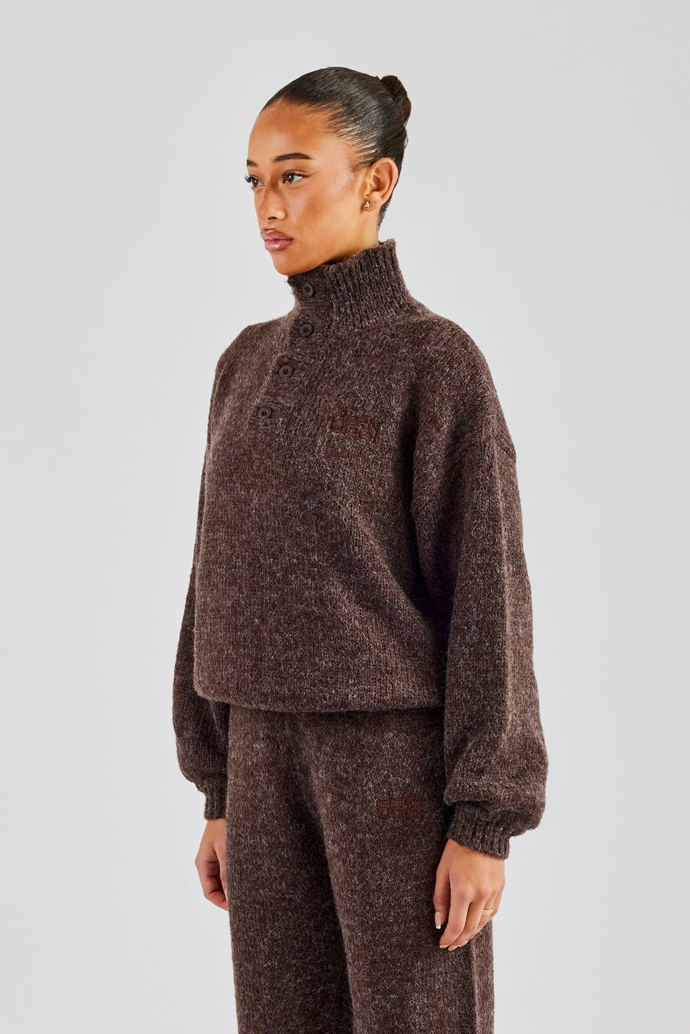 Knit Funnel Neck Sweater - Chocolate - Image 2