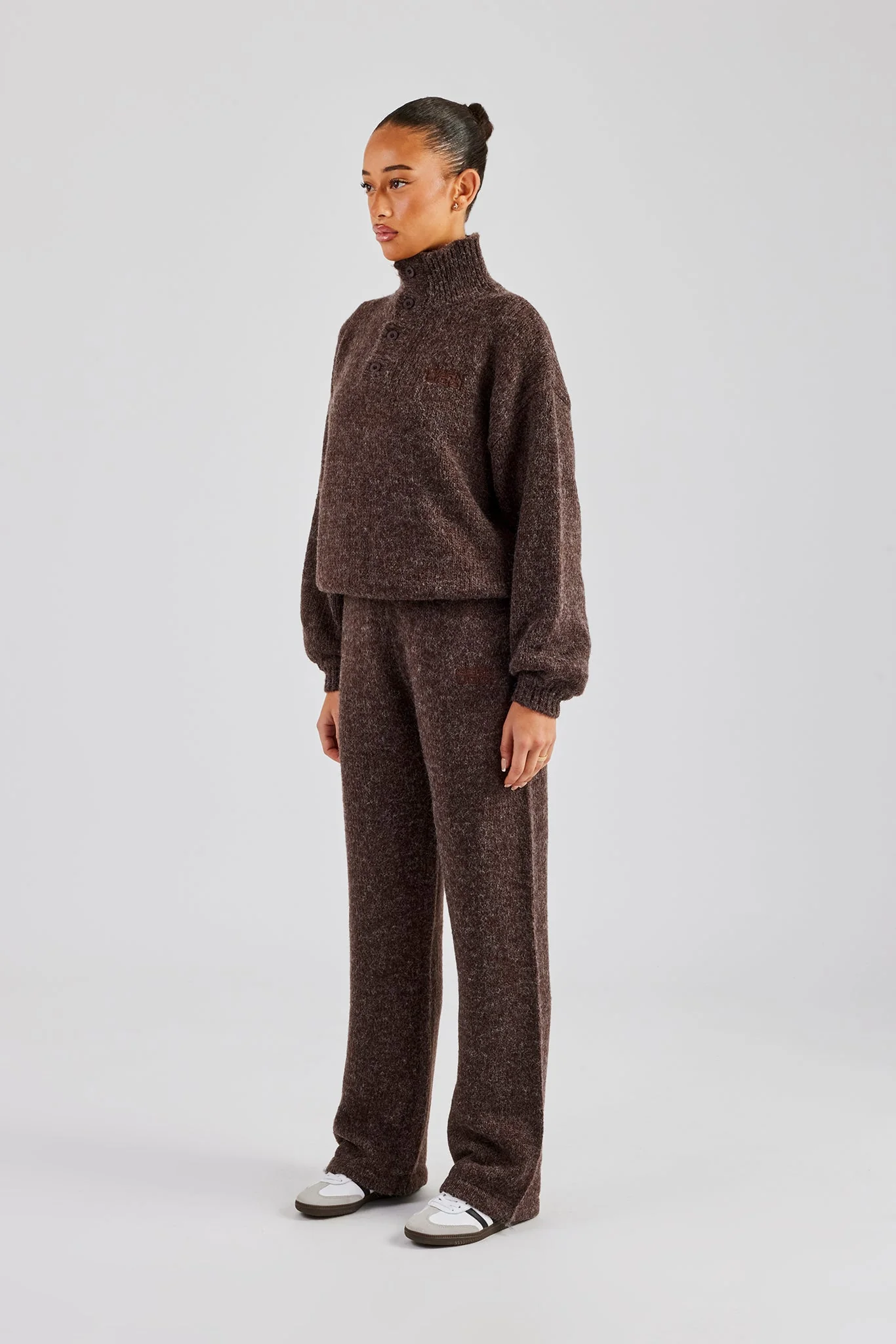 Knit Funnel Neck Tracksuit - Chocolate - Image 2