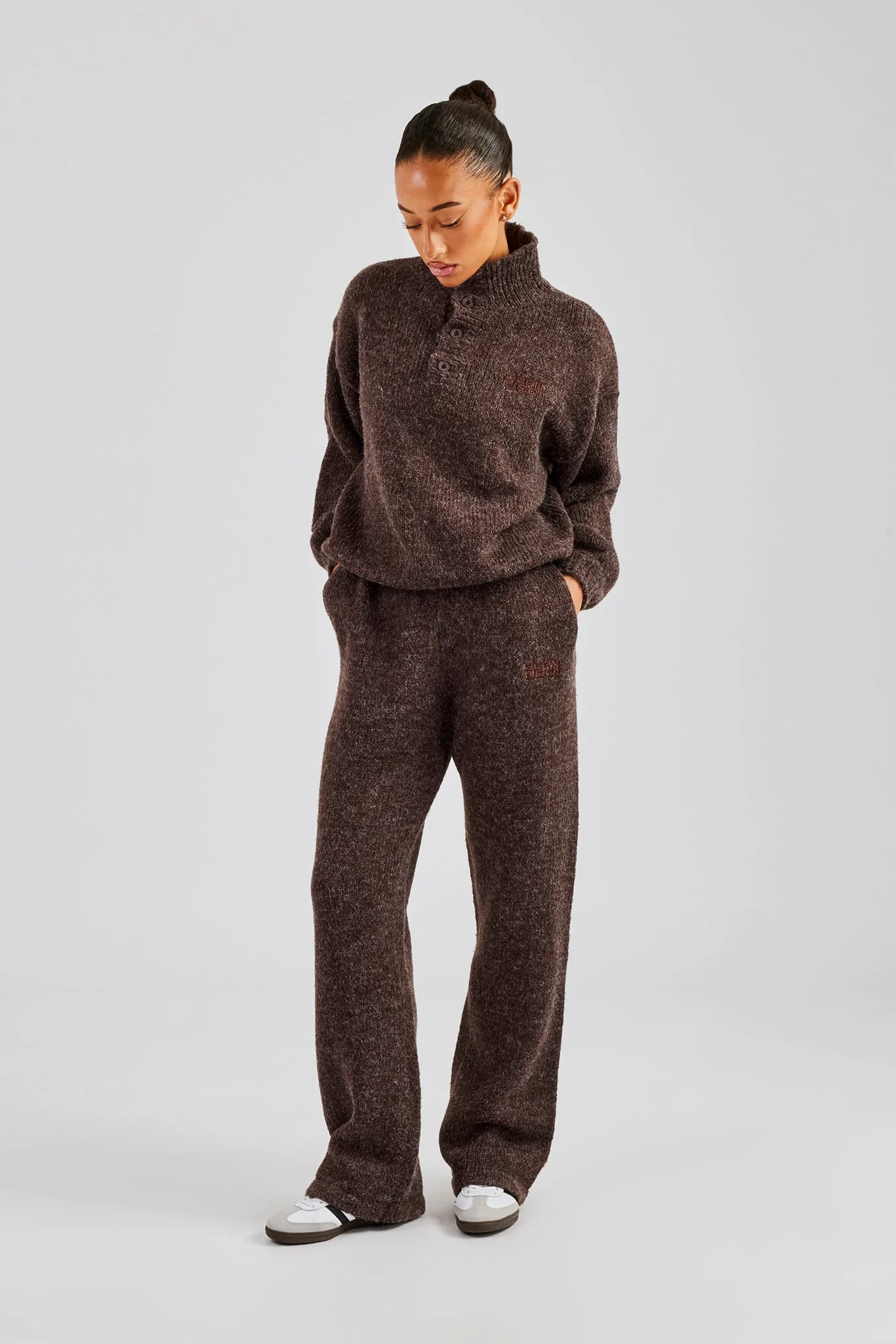 Knit Wide Leg Embroidered Jogger - Chocolate - Image 4