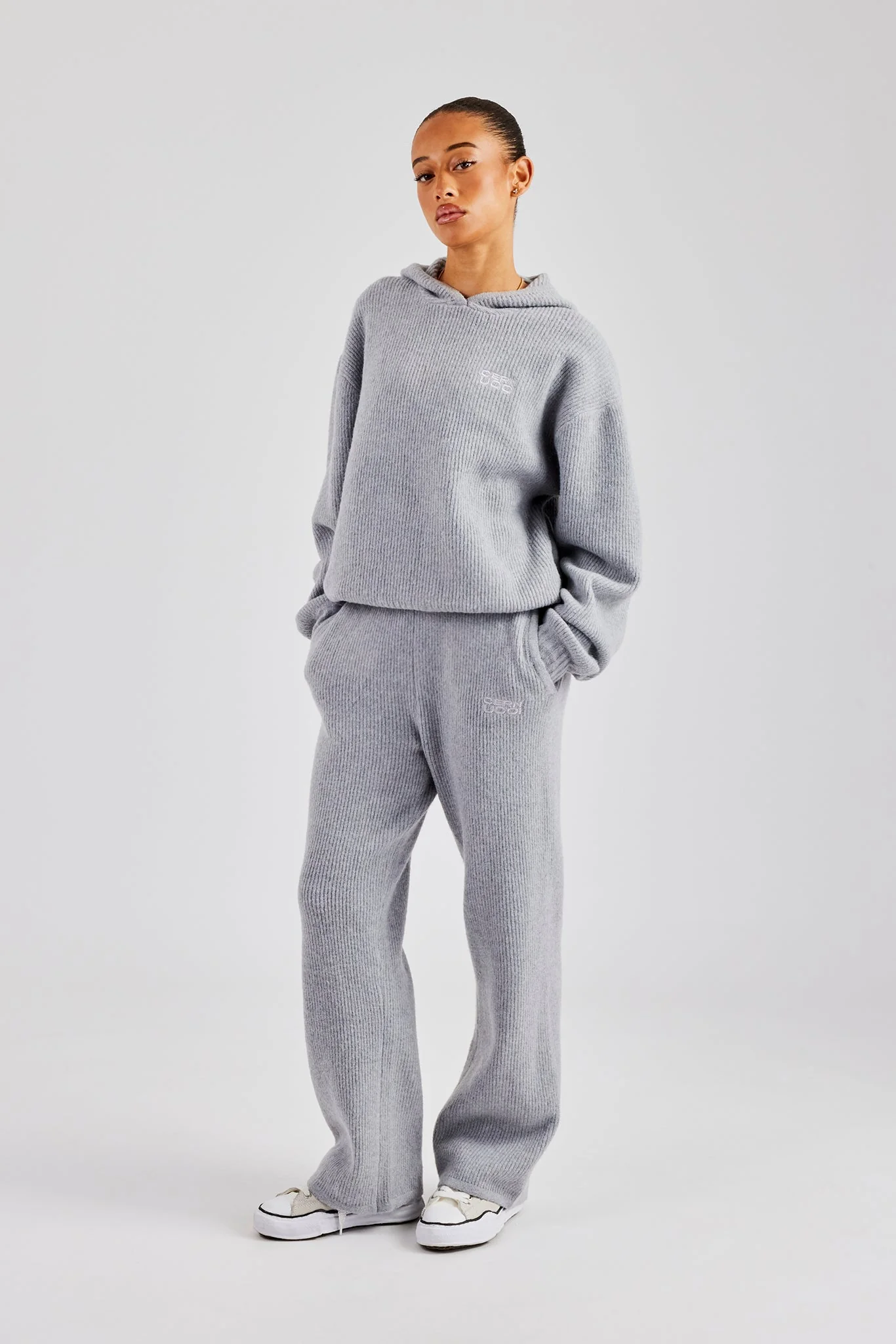 Knit Wide Leg Embroidered Jogger - Grey - Image 3